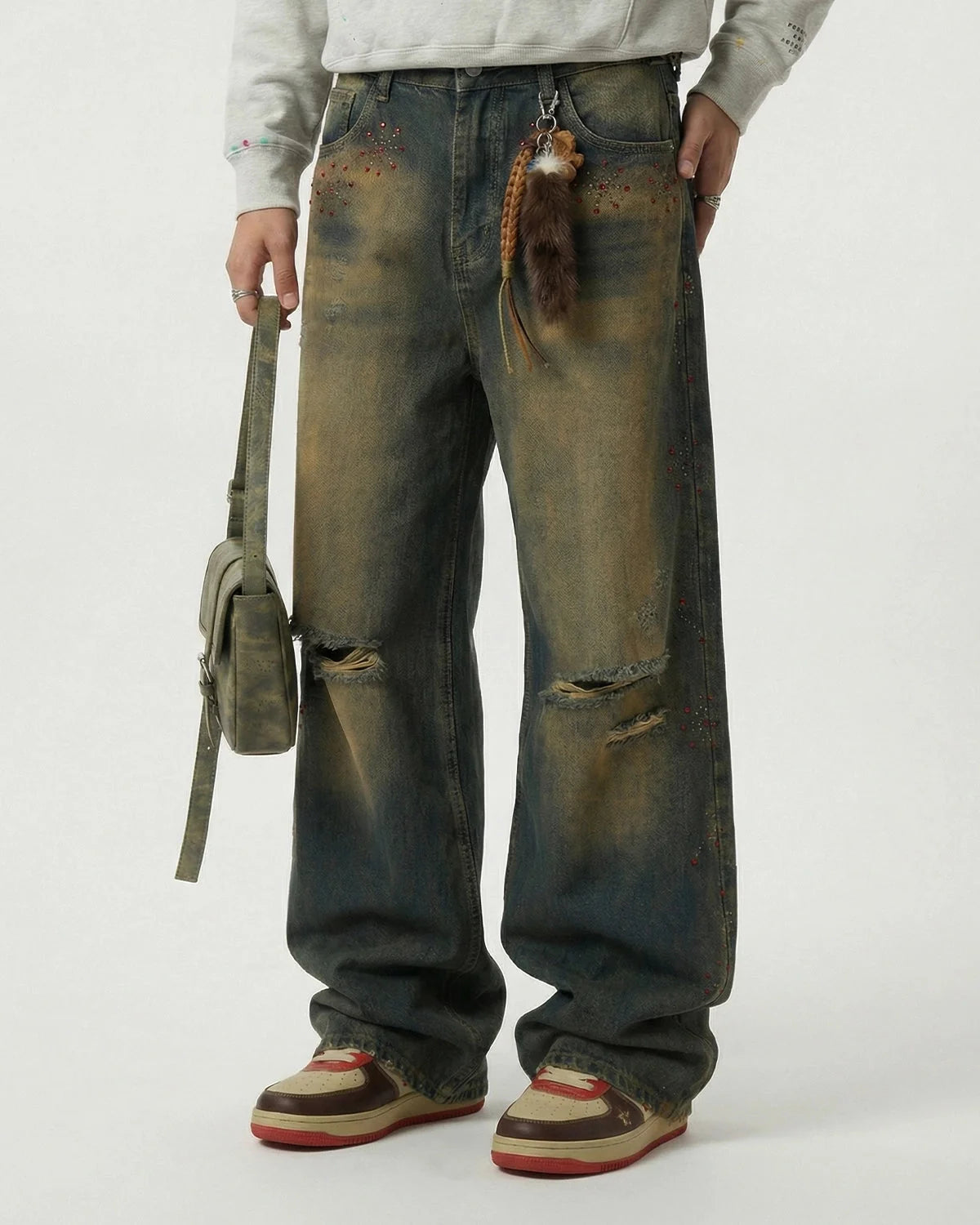 Omygoods Dirty Wash Rhinestone Baggy Jeans