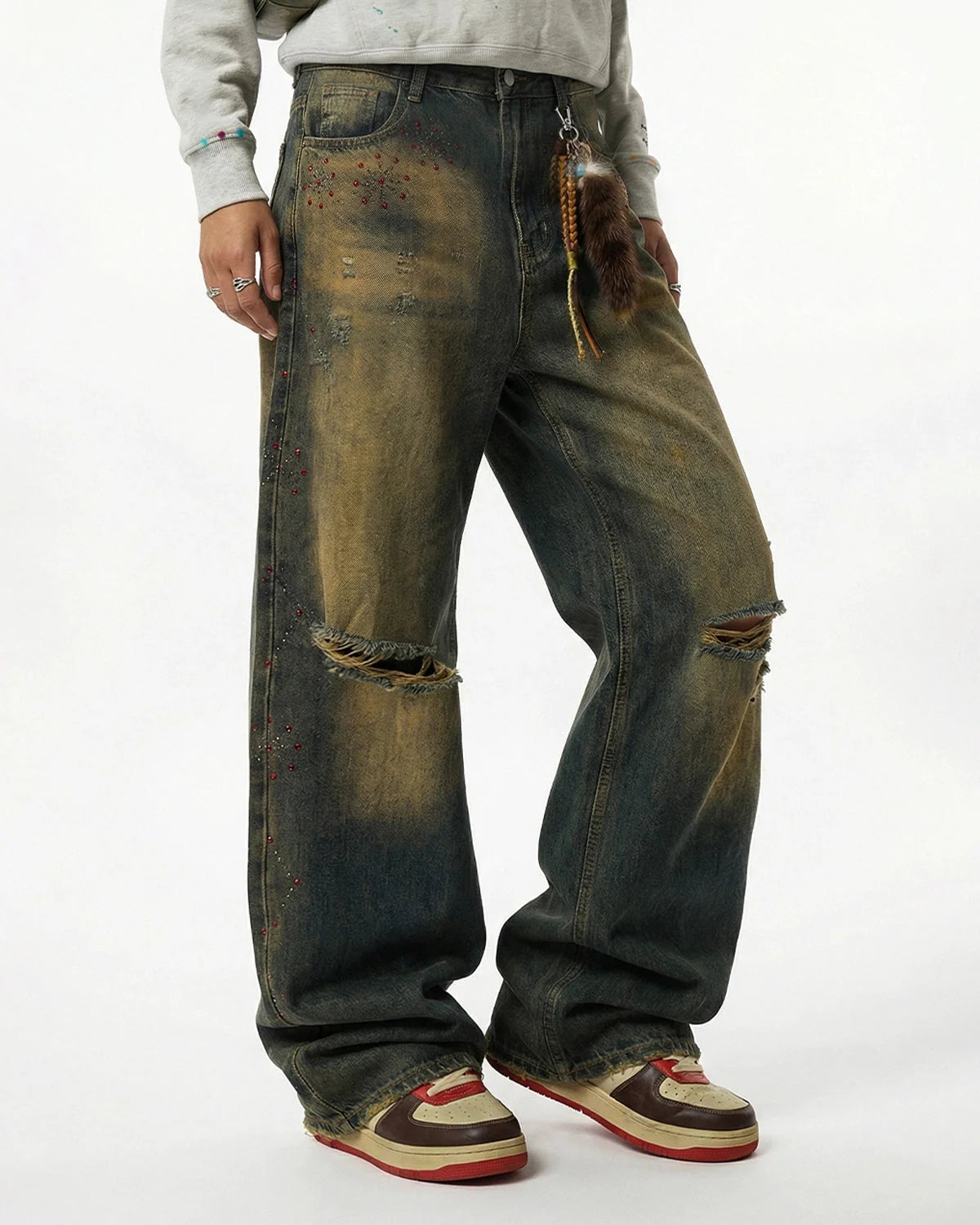 Omygoods Dirty Wash Rhinestone Baggy Jeans