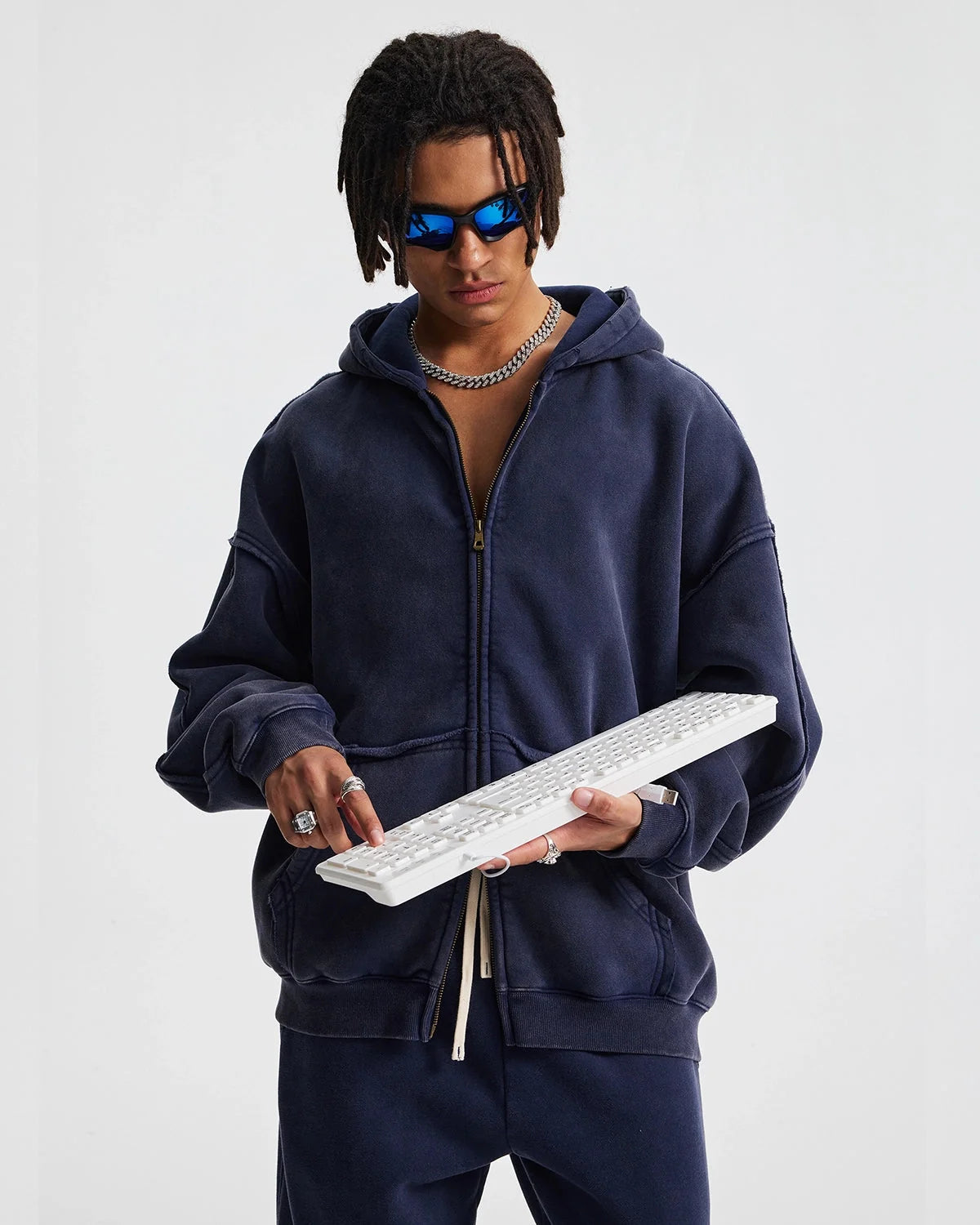 Omygoods Distressed Acid Wash Double Zip Up Hoodie
