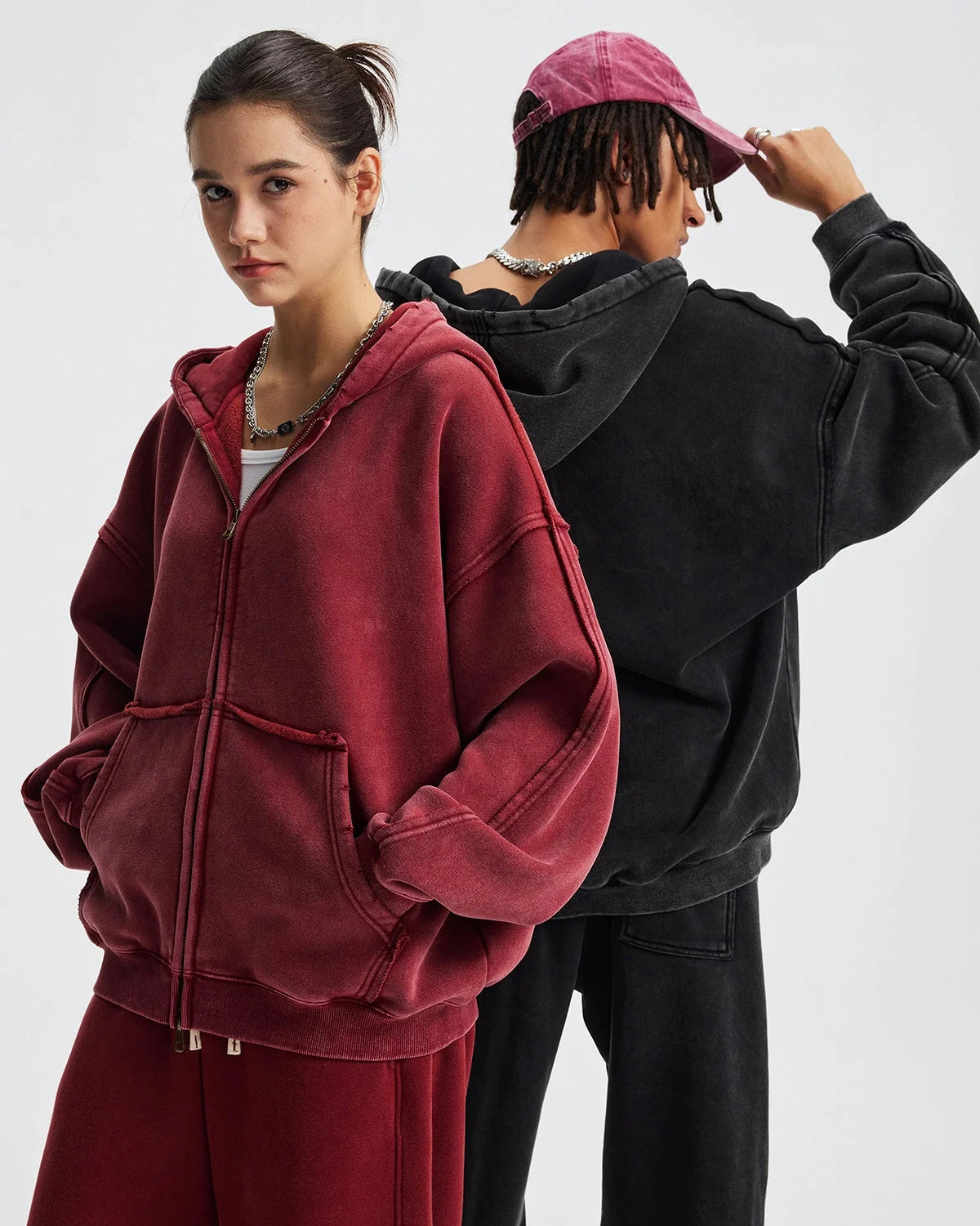 Omygoods Distressed Acid Wash Double Zip Up Hoodie