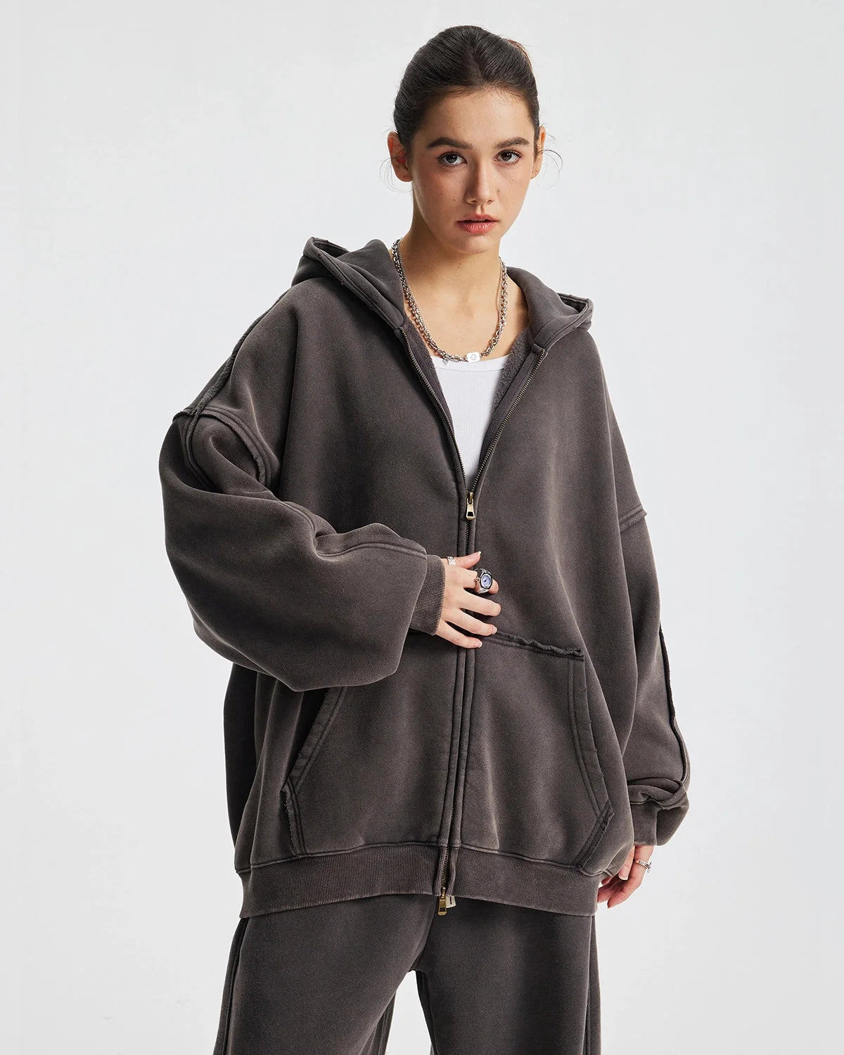 Omygoods Distressed Acid Wash Double Zip Up Hoodie