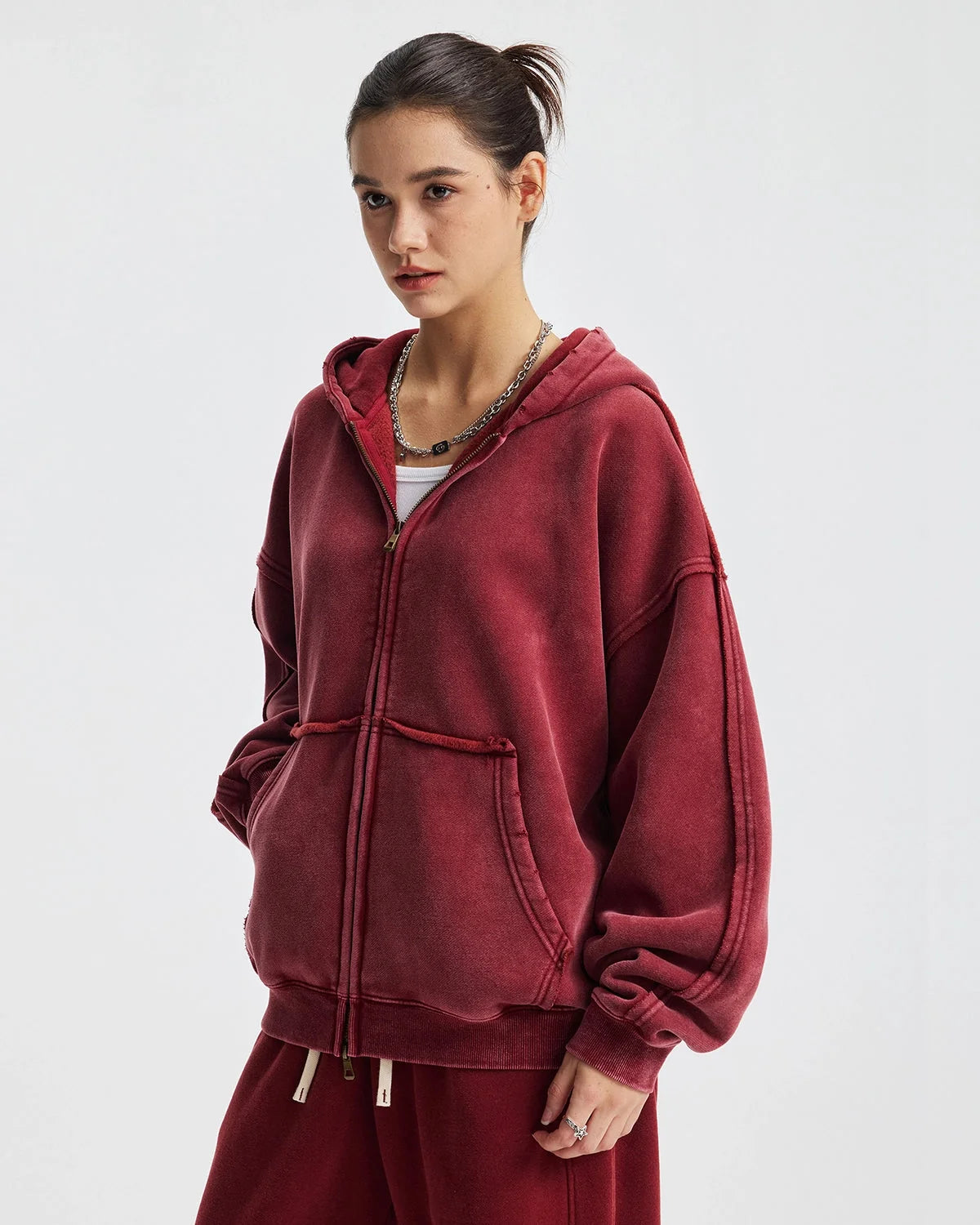 Omygoods Distressed Acid Wash Double Zip Up Hoodie