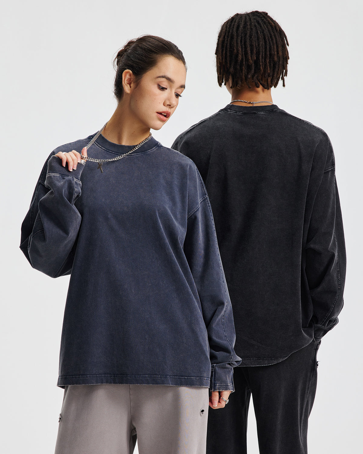 Omygoods Distressed Aicd Wash Oversized Long Sleeve Tee