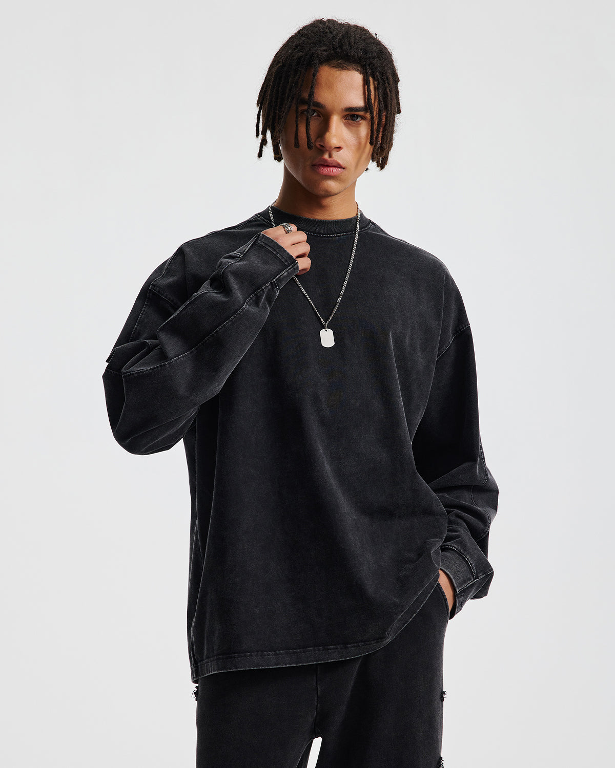 Omygoods Distressed Aicd Wash Oversized Long Sleeve Tee