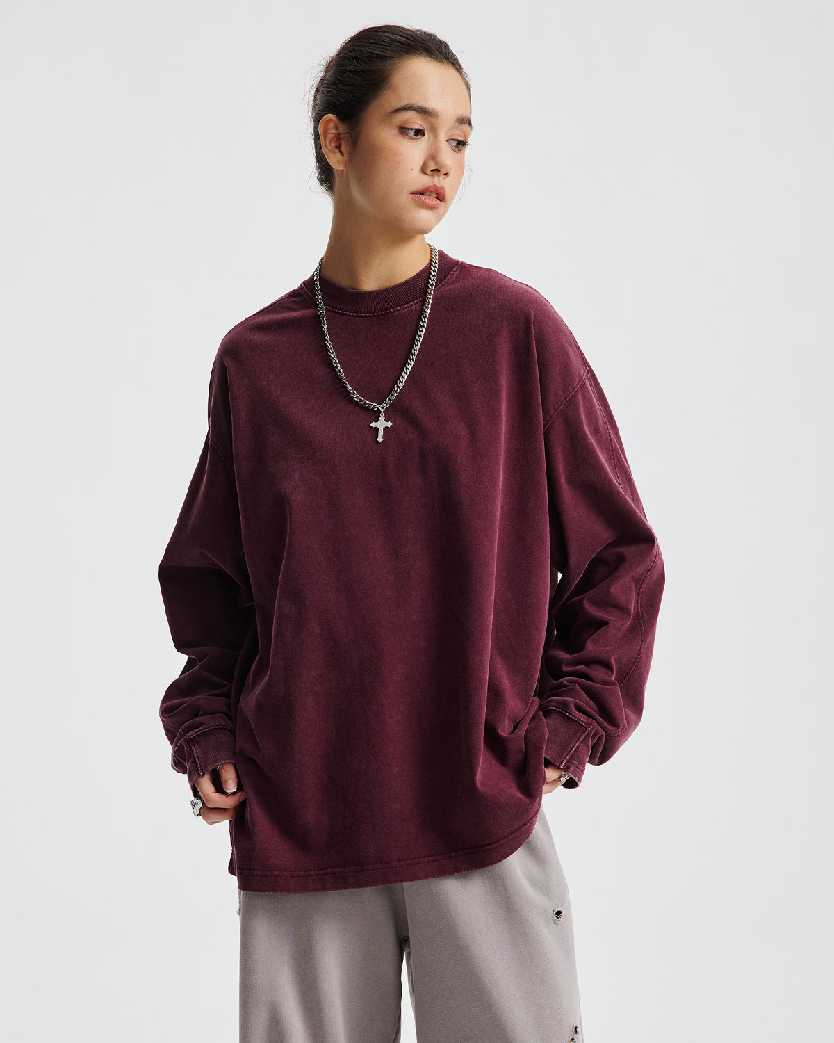 Omygoods Distressed Aicd Wash Oversized Long Sleeve Tee