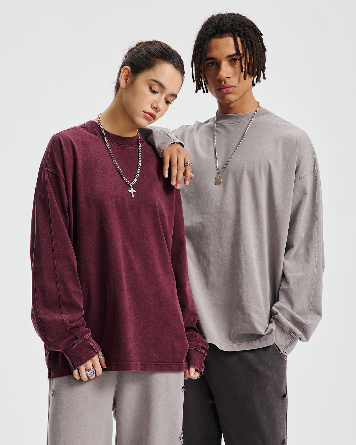 Omygoods Distressed Aicd Wash Oversized Long Sleeve Tee
