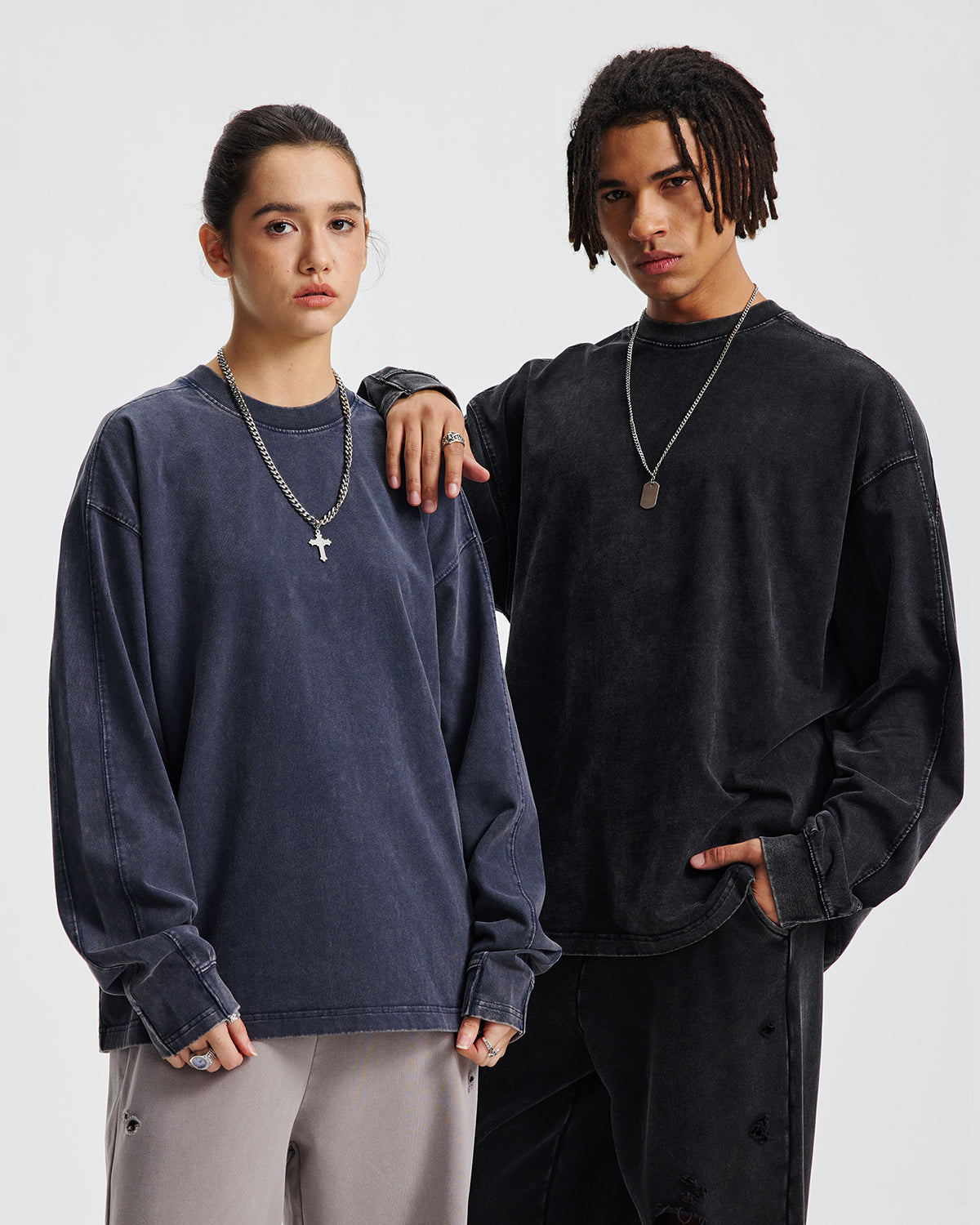 Omygoods Distressed Aicd Wash Oversized Long Sleeve Tee