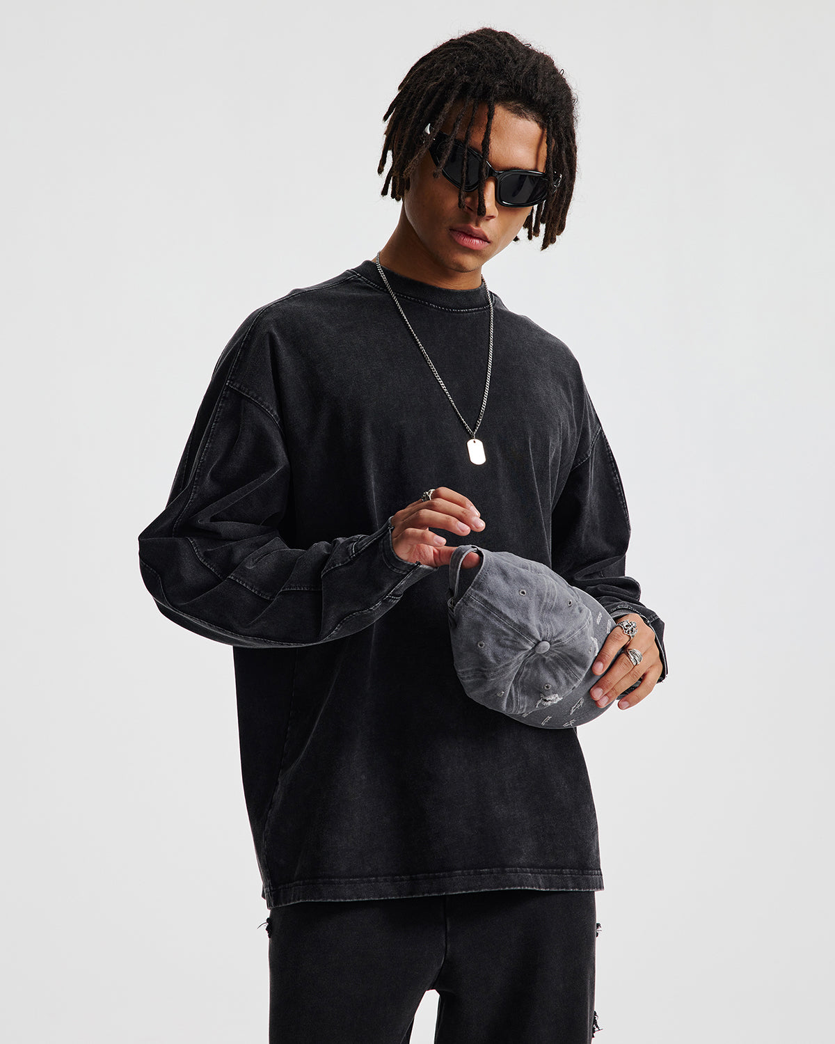 Omygoods Distressed Aicd Wash Oversized Long Sleeve Tee