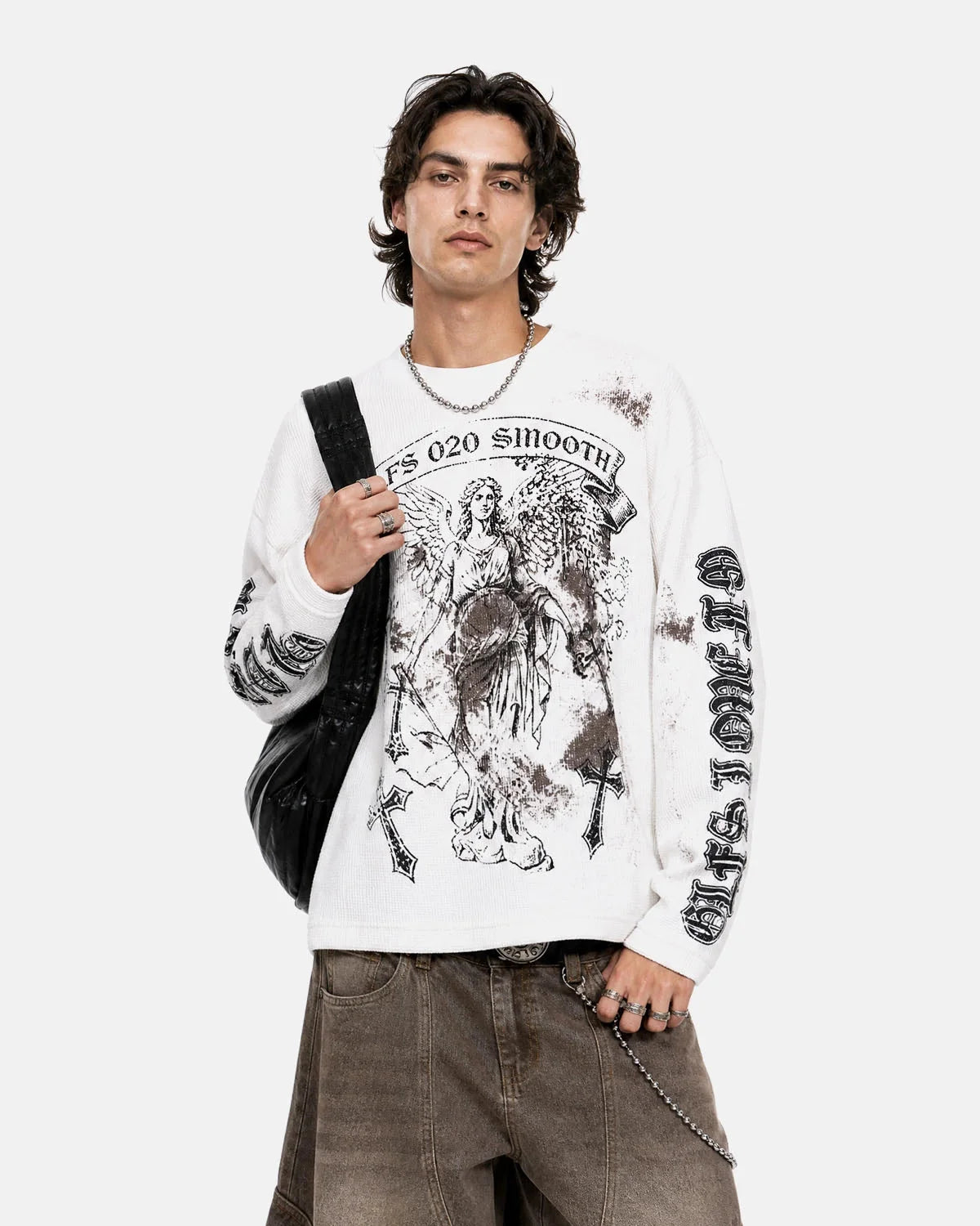 Omygoods Distressed Angel Graphic Waffle T-Shirt