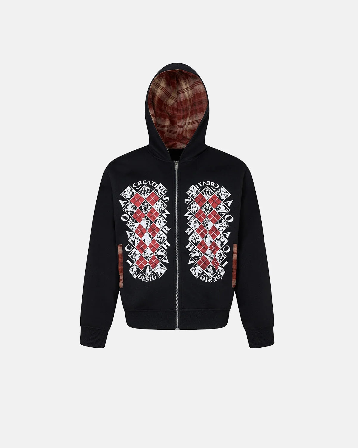 Omygoods Distressed Argyle Graphic Zip Up Hoodie