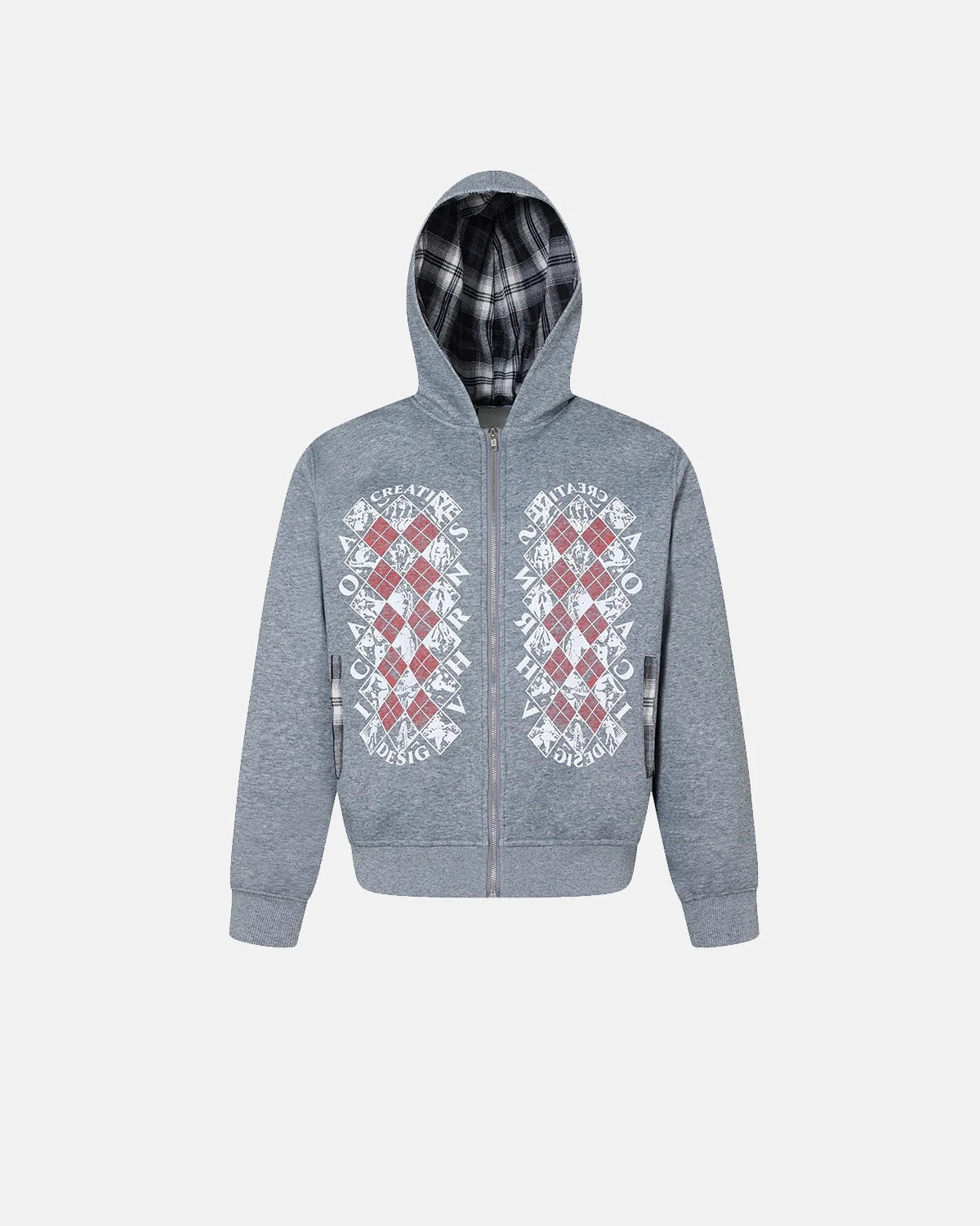 Omygoods Distressed Argyle Graphic Zip Up Hoodie