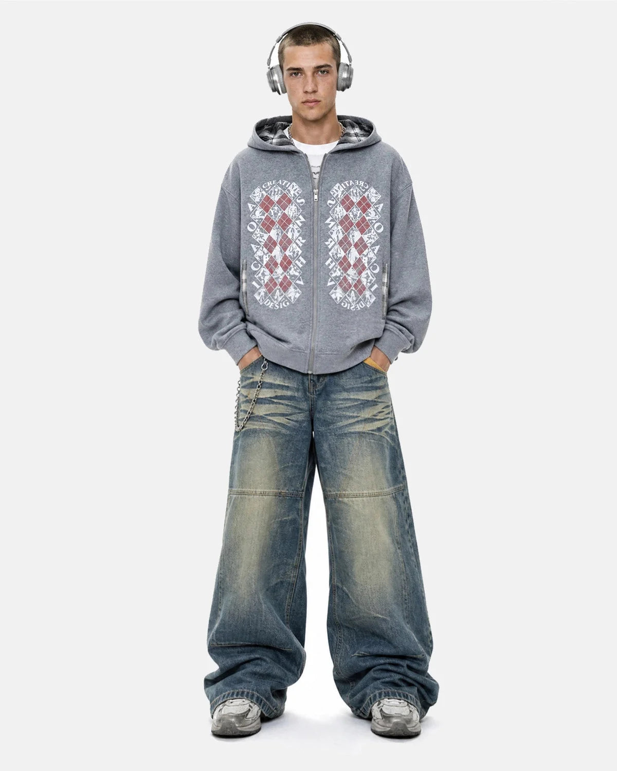 Omygoods Distressed Argyle Graphic Zip Up Hoodie