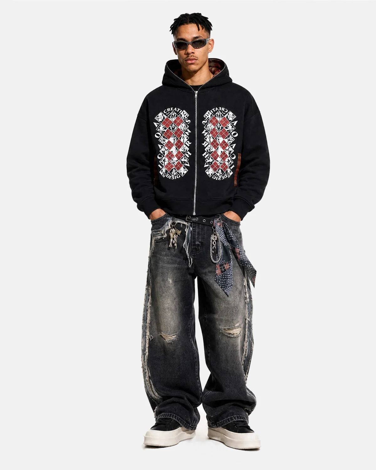 Omygoods Distressed Argyle Graphic Zip Up Hoodie