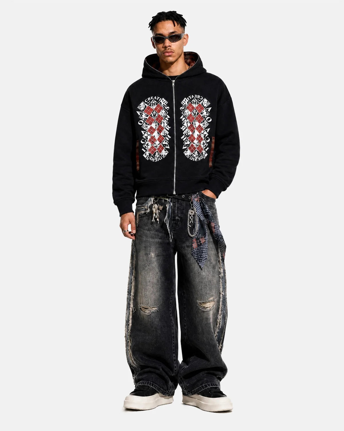 Omygoods Distressed Argyle Graphic Zip Up Hoodie