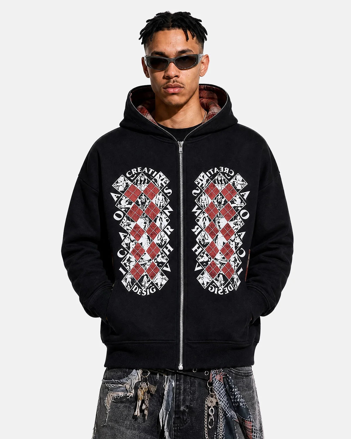 Omygoods Distressed Argyle Graphic Zip Up Hoodie