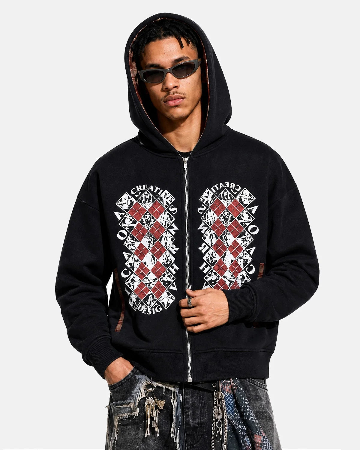 Omygoods Distressed Argyle Graphic Zip Up Hoodie