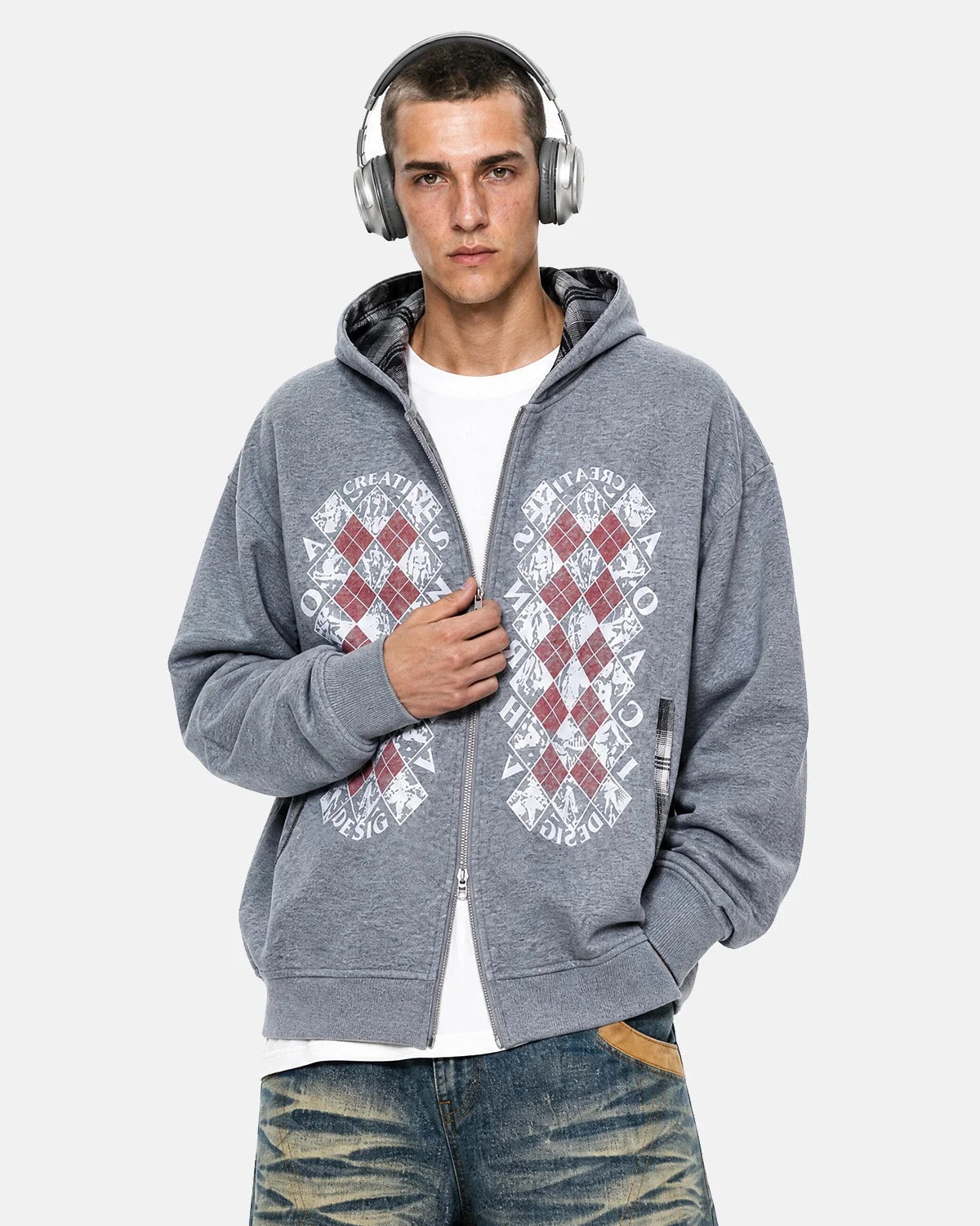 Omygoods Distressed Argyle Graphic Zip Up Hoodie