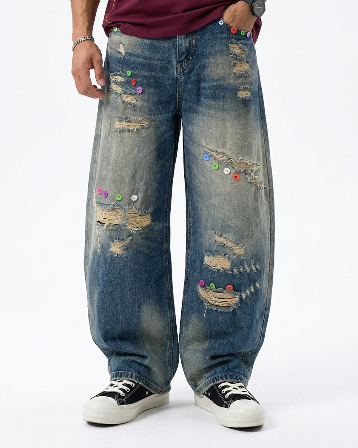 Omygoods Distressed Button Barrel Jeans