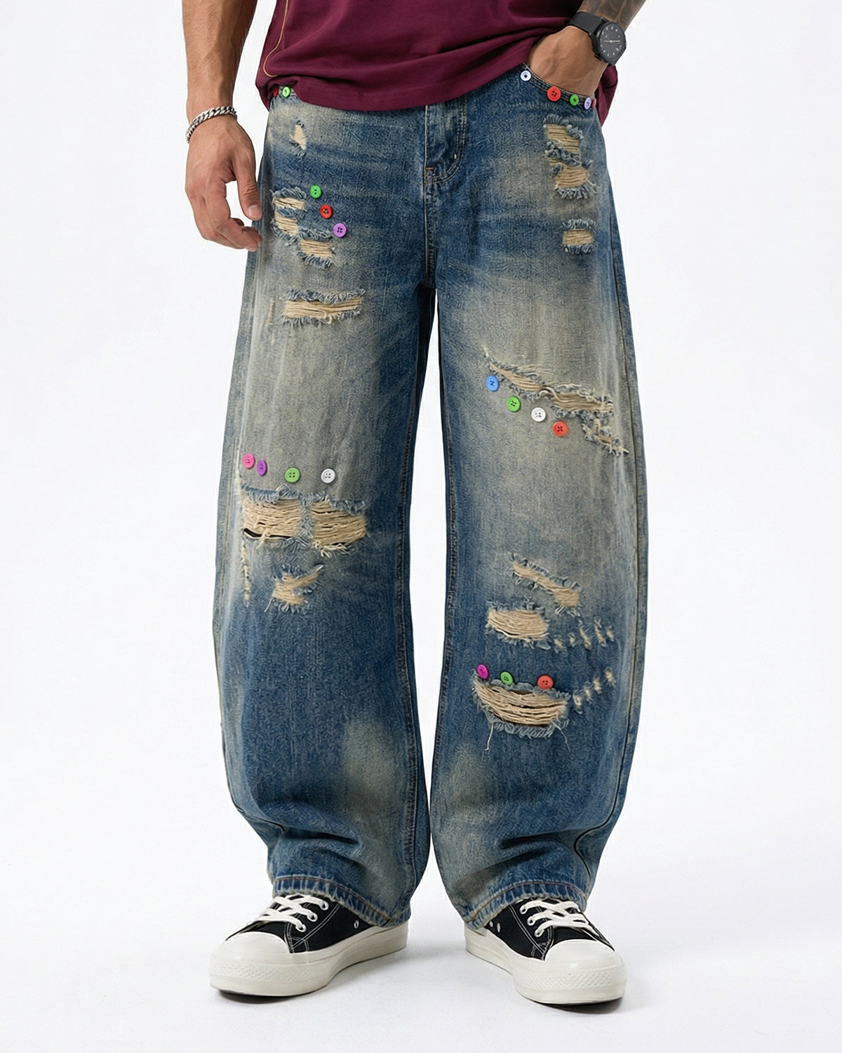 Omygoods Distressed Button Barrel Jeans