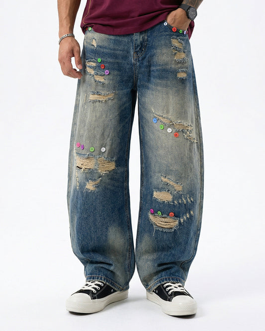 Omygoods Distressed Button Barrel Jeans