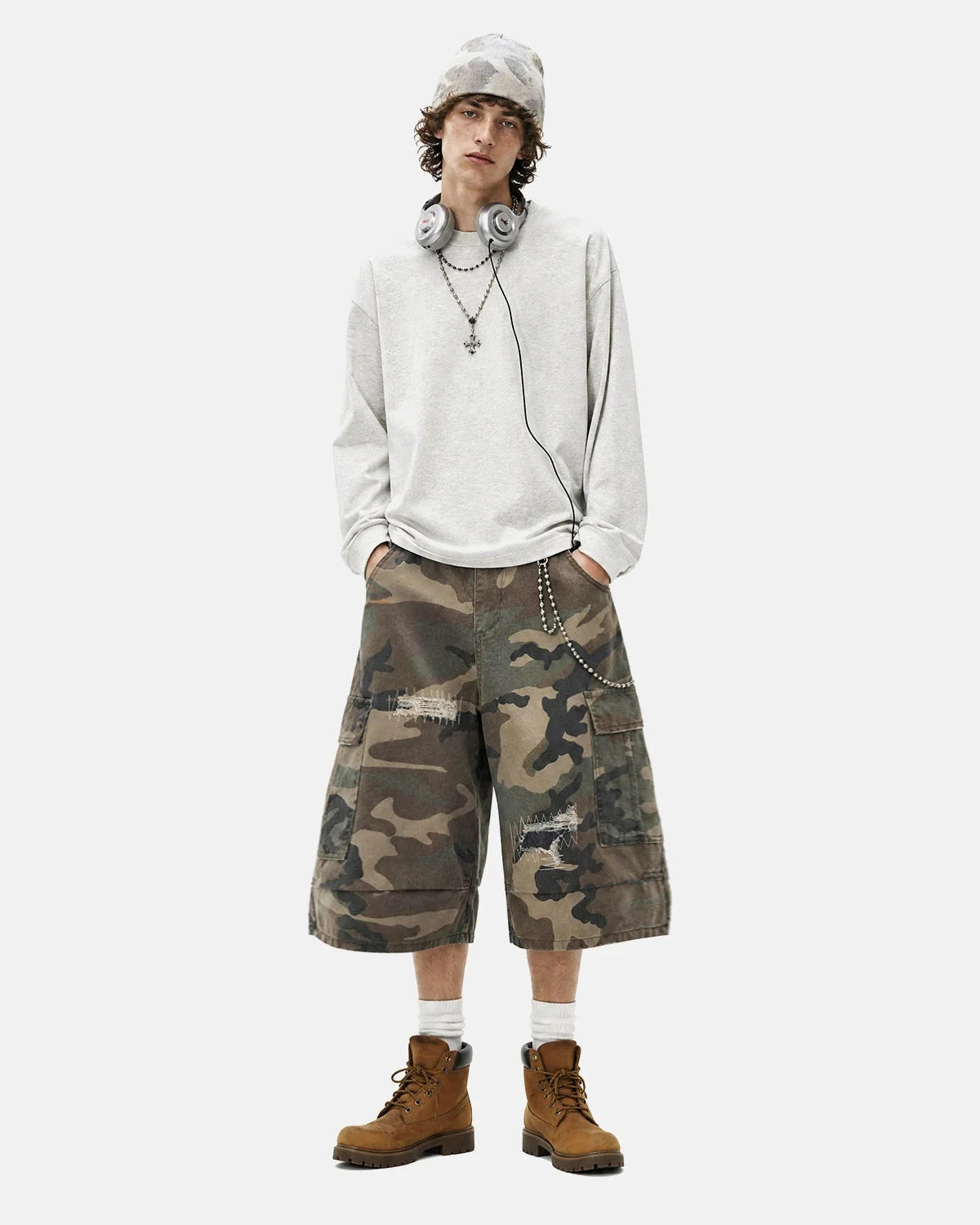 Omygoods Distressed Camo Cargo Shorts
