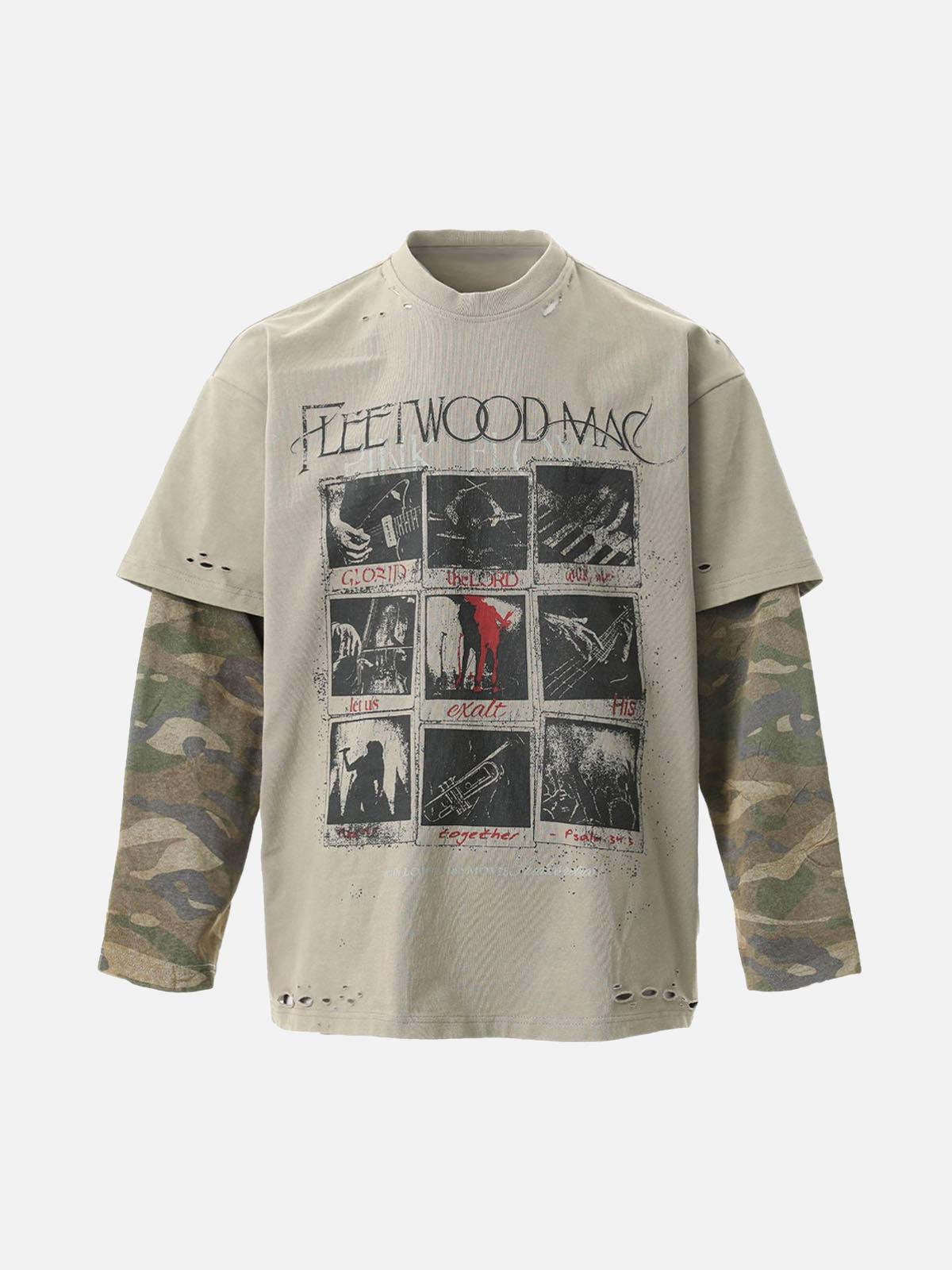 Omygoods Distressed Camouflage Faux Two-Piece Graphic T-Shirt