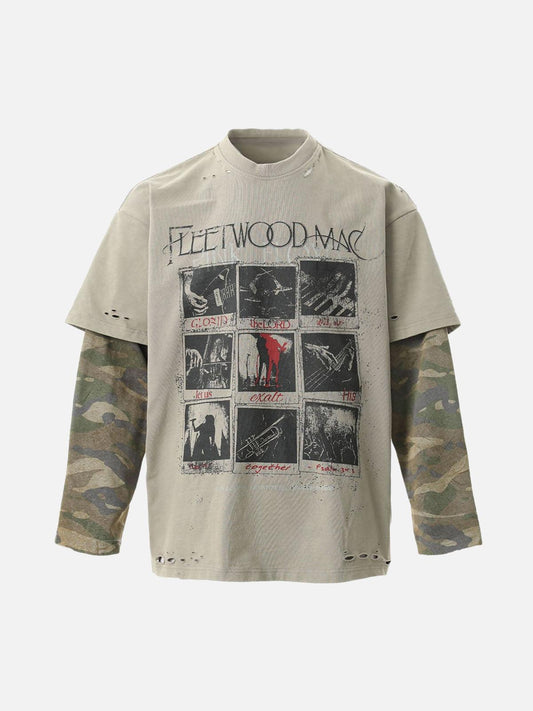 Omygoods Distressed Camouflage Faux Two-Piece Graphic T-Shirt