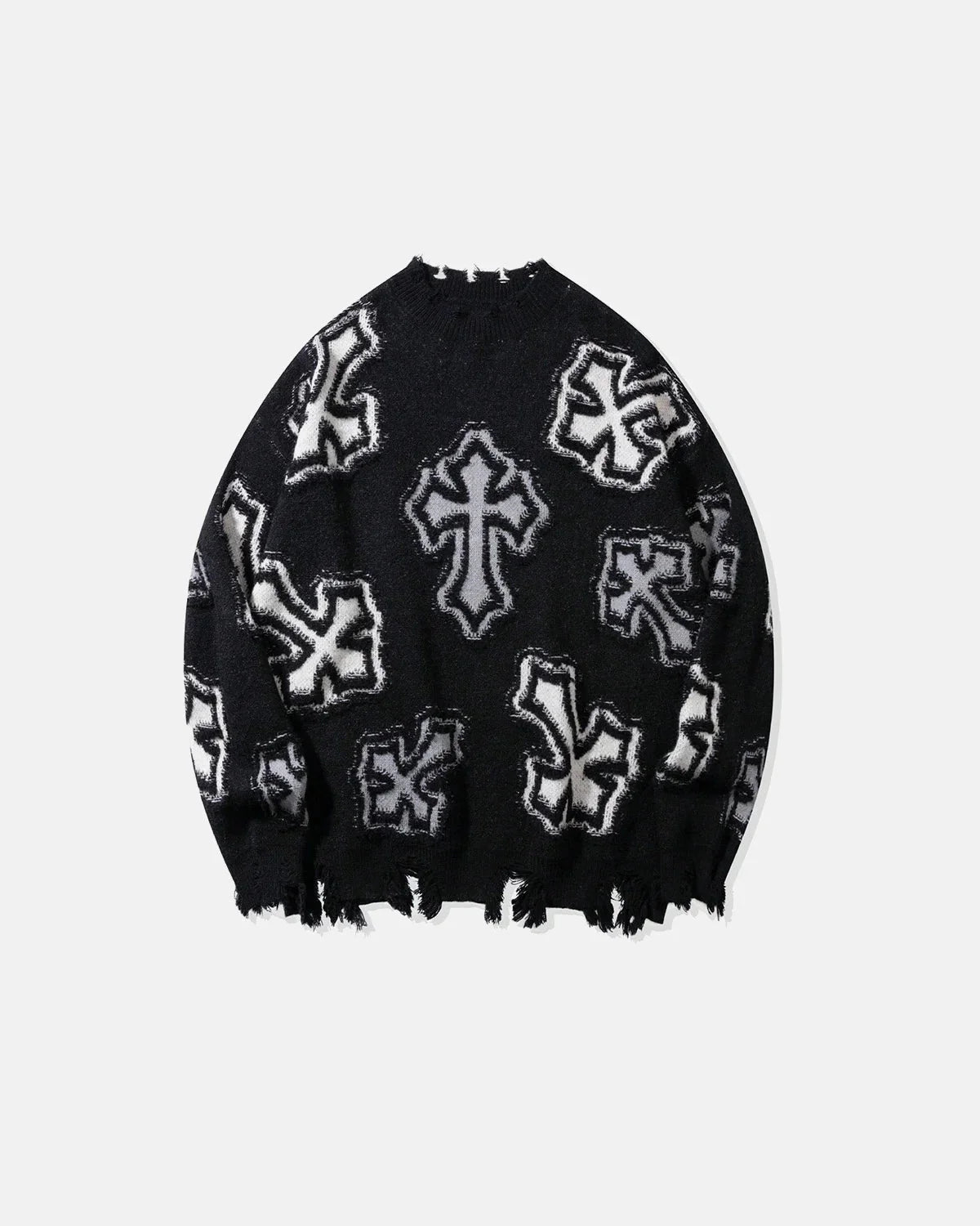 Omygoods Distressed Cross Graphic Knit Sweater