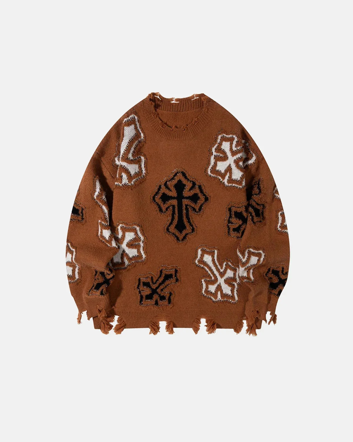 Omygoods Distressed Cross Graphic Knit Sweater