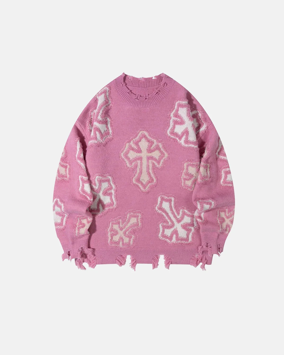 Omygoods Distressed Cross Graphic Knit Sweater