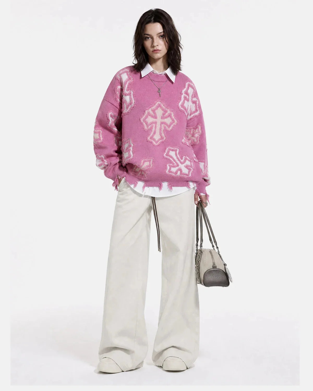 Omygoods Distressed Cross Graphic Knit Sweater