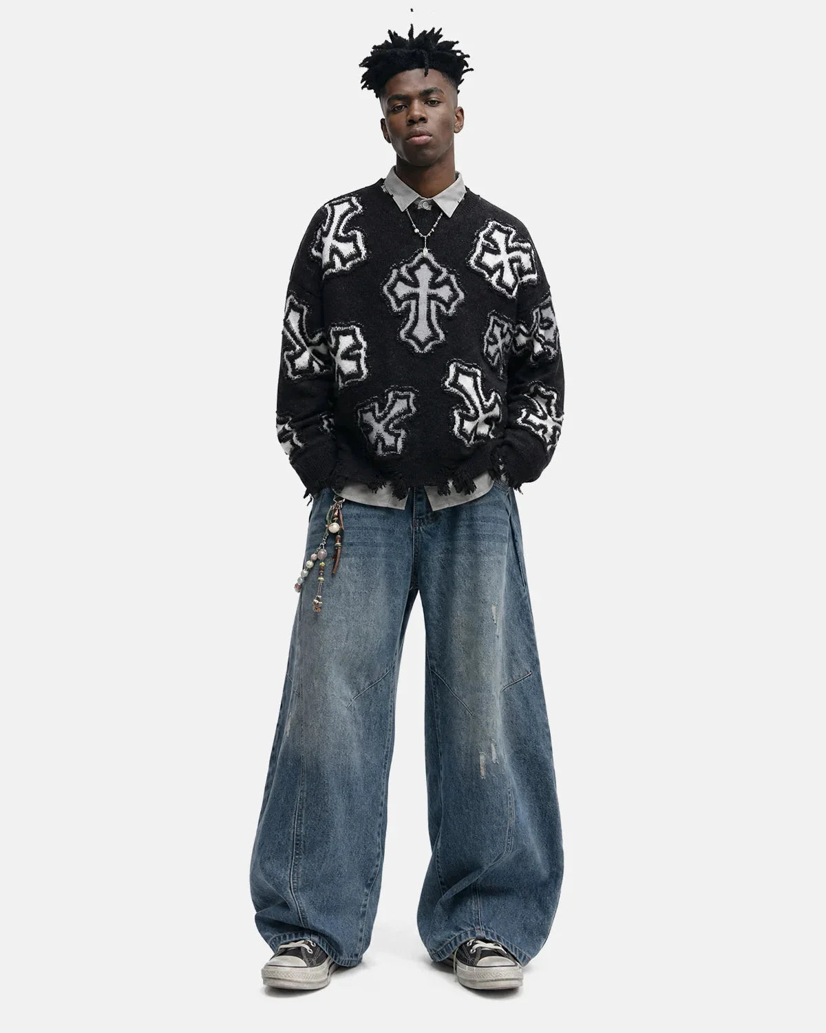 Omygoods Distressed Cross Graphic Knit Sweater