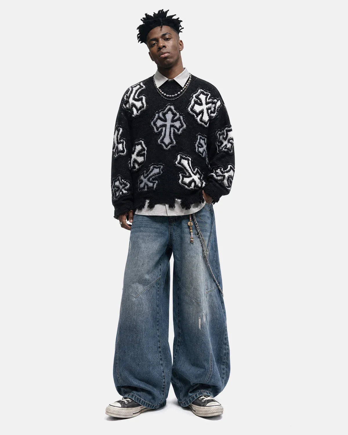 Omygoods Distressed Cross Graphic Knit Sweater
