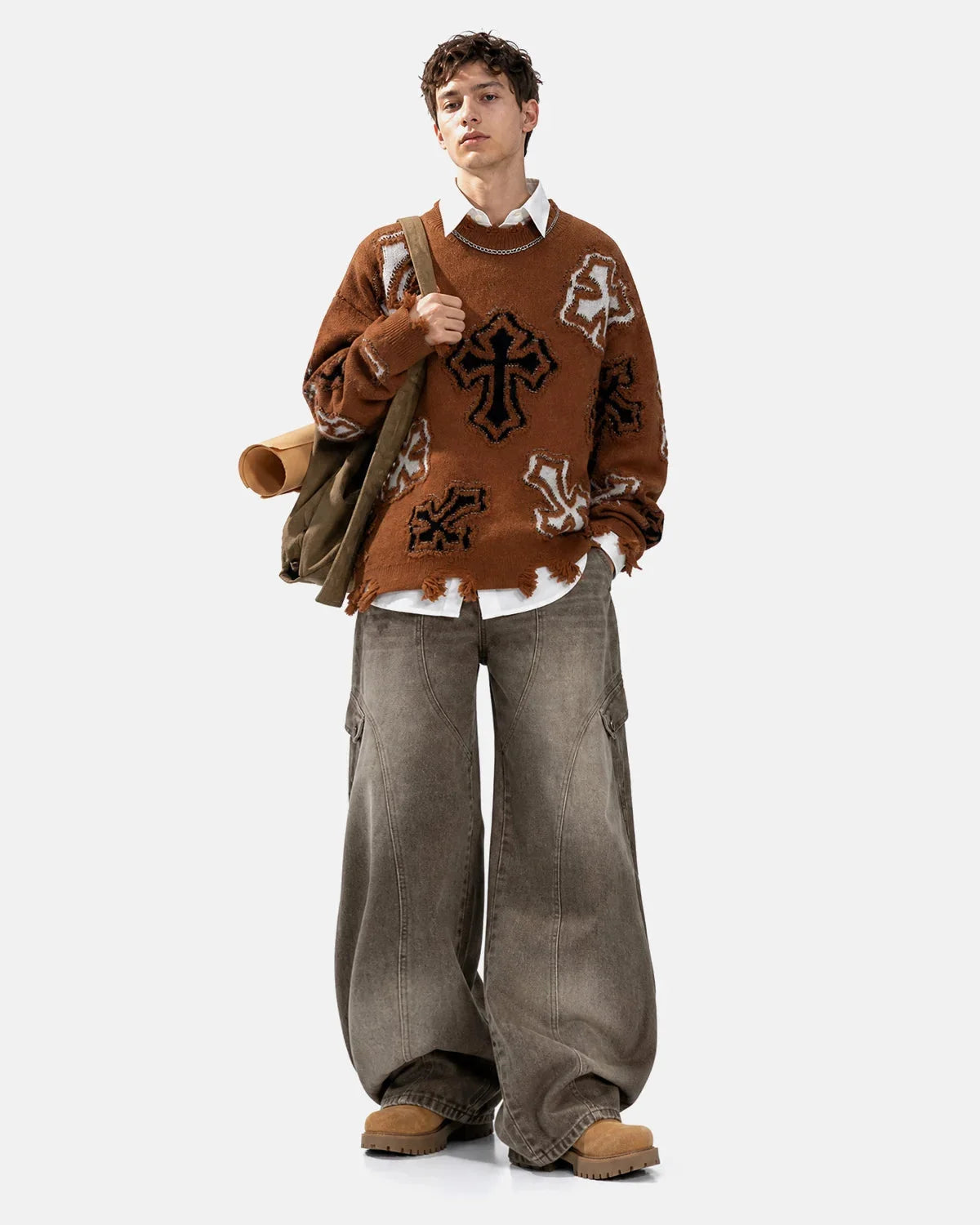 Omygoods Distressed Cross Graphic Knit Sweater