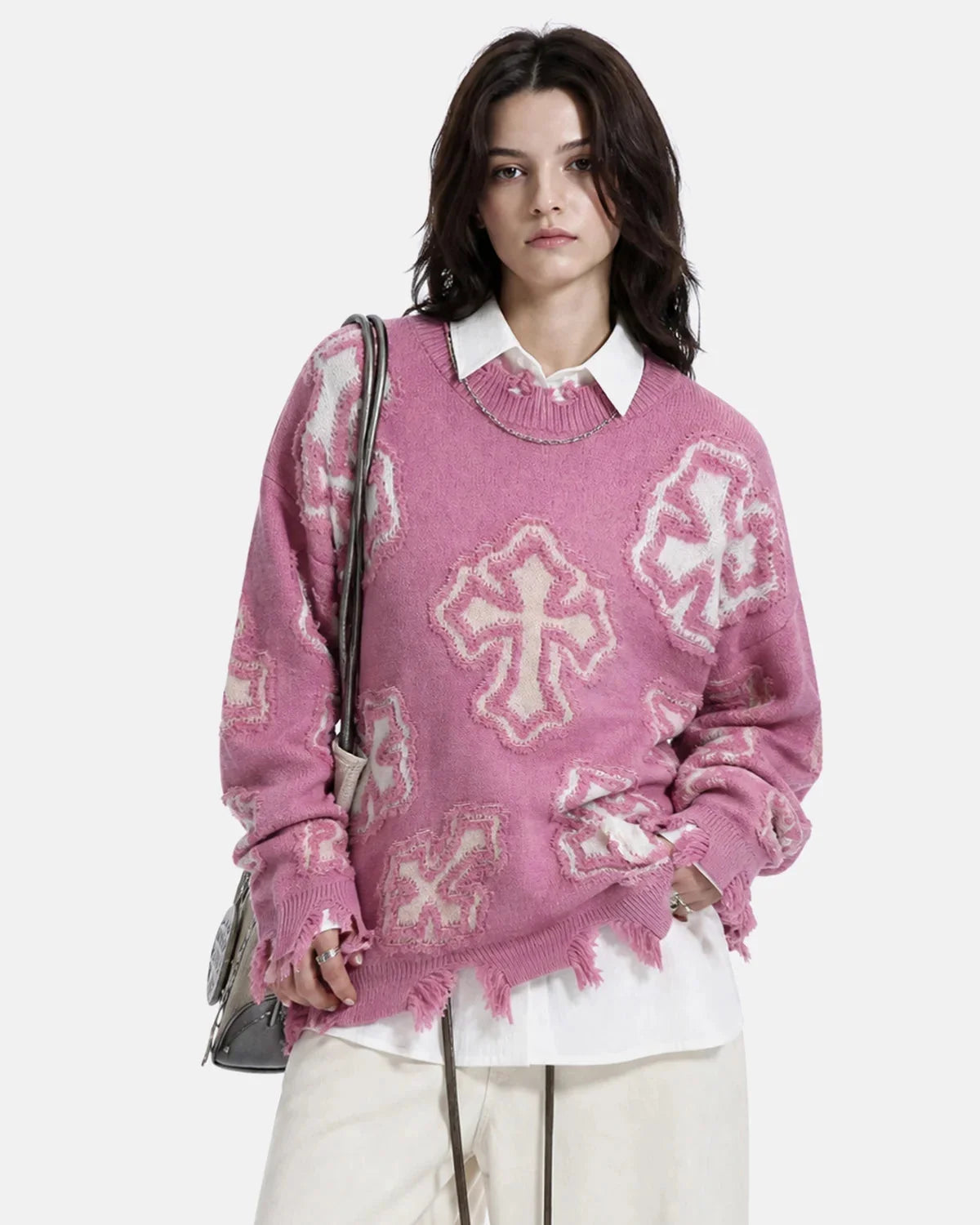 Omygoods Distressed Cross Graphic Knit Sweater