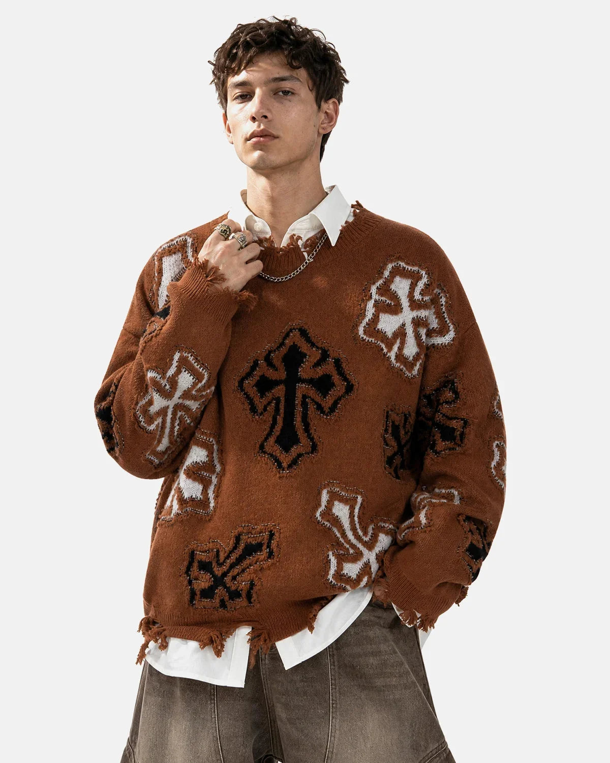 Omygoods Distressed Cross Graphic Knit Sweater