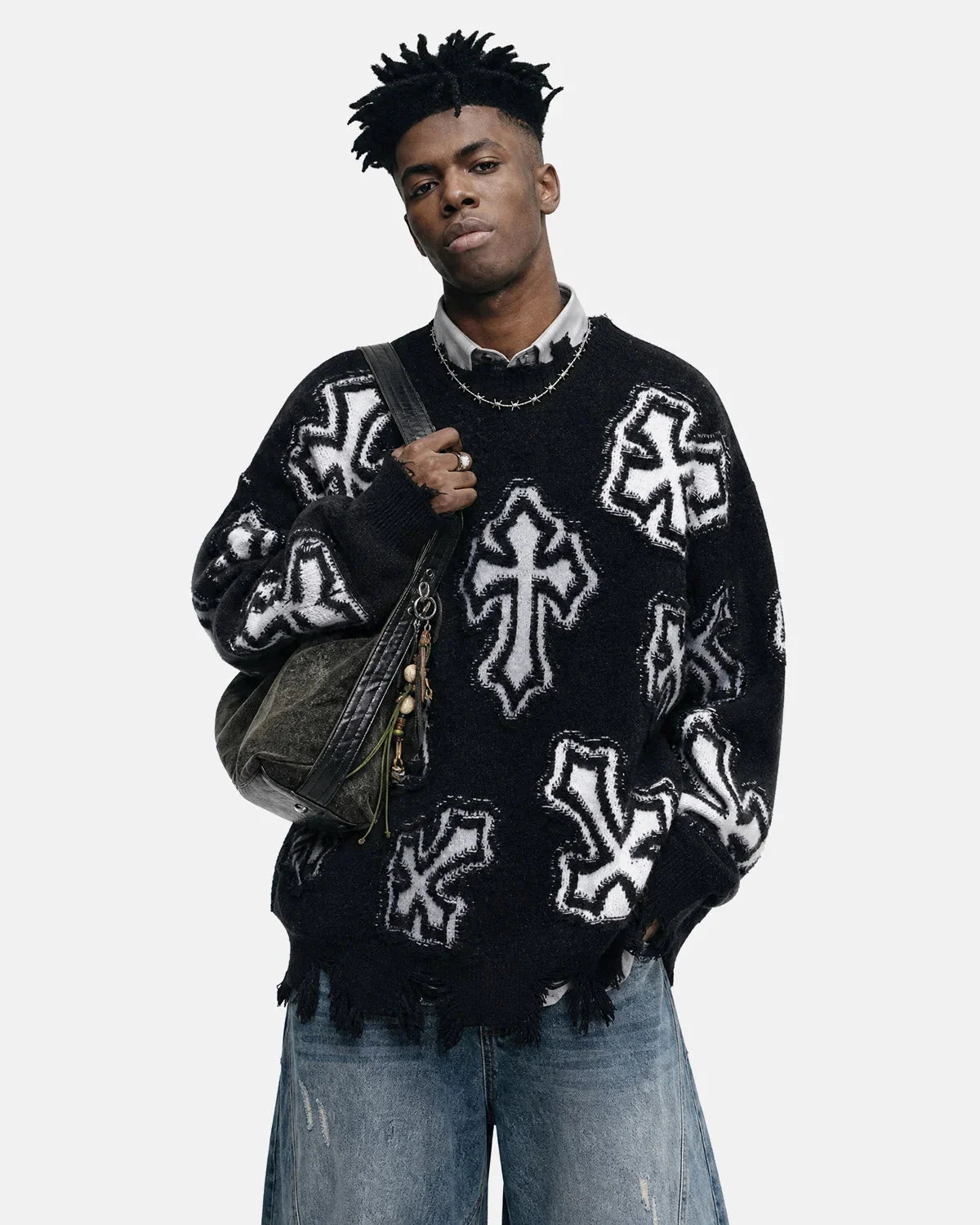 Omygoods Distressed Cross Graphic Knit Sweater