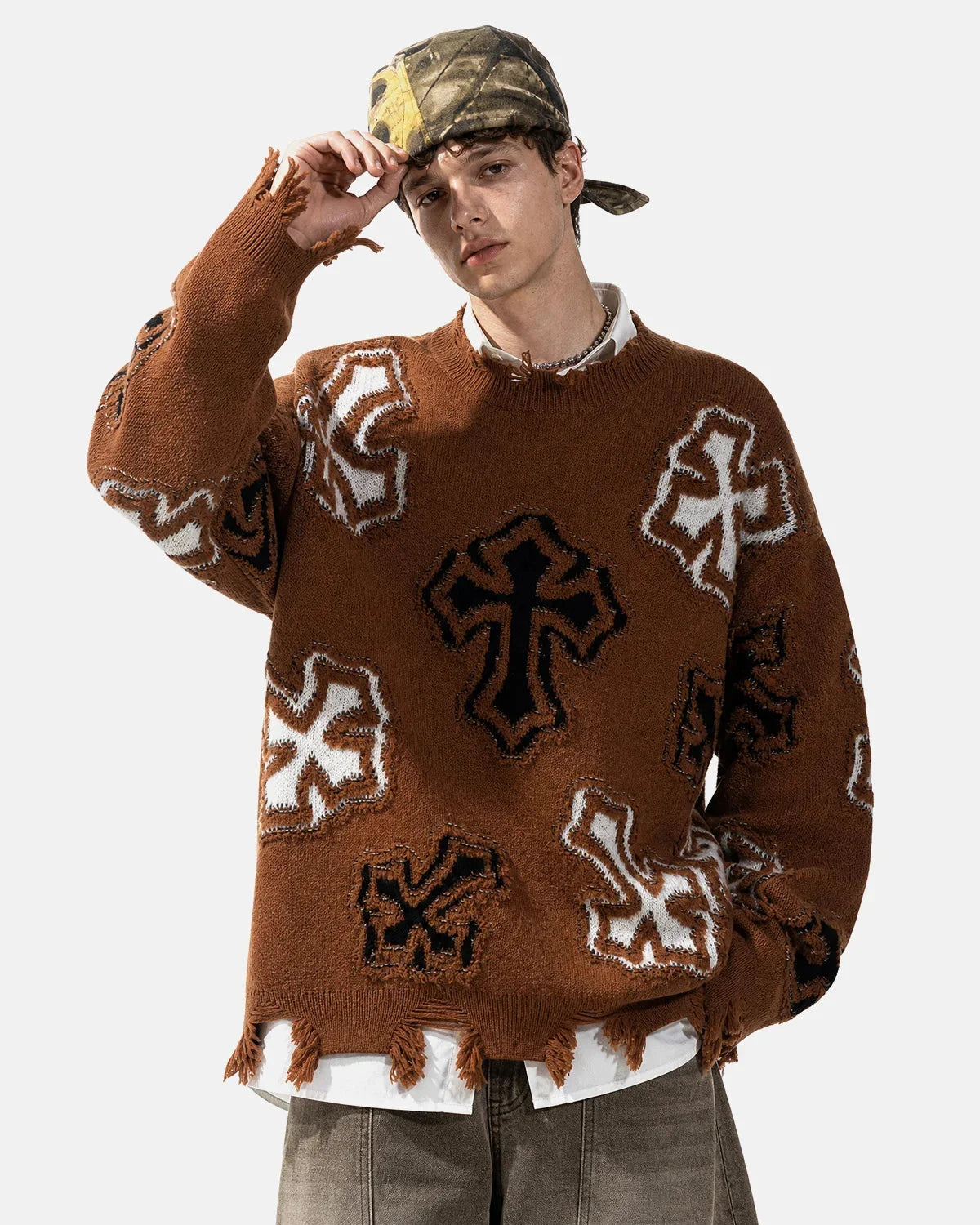 Omygoods Distressed Cross Graphic Knit Sweater