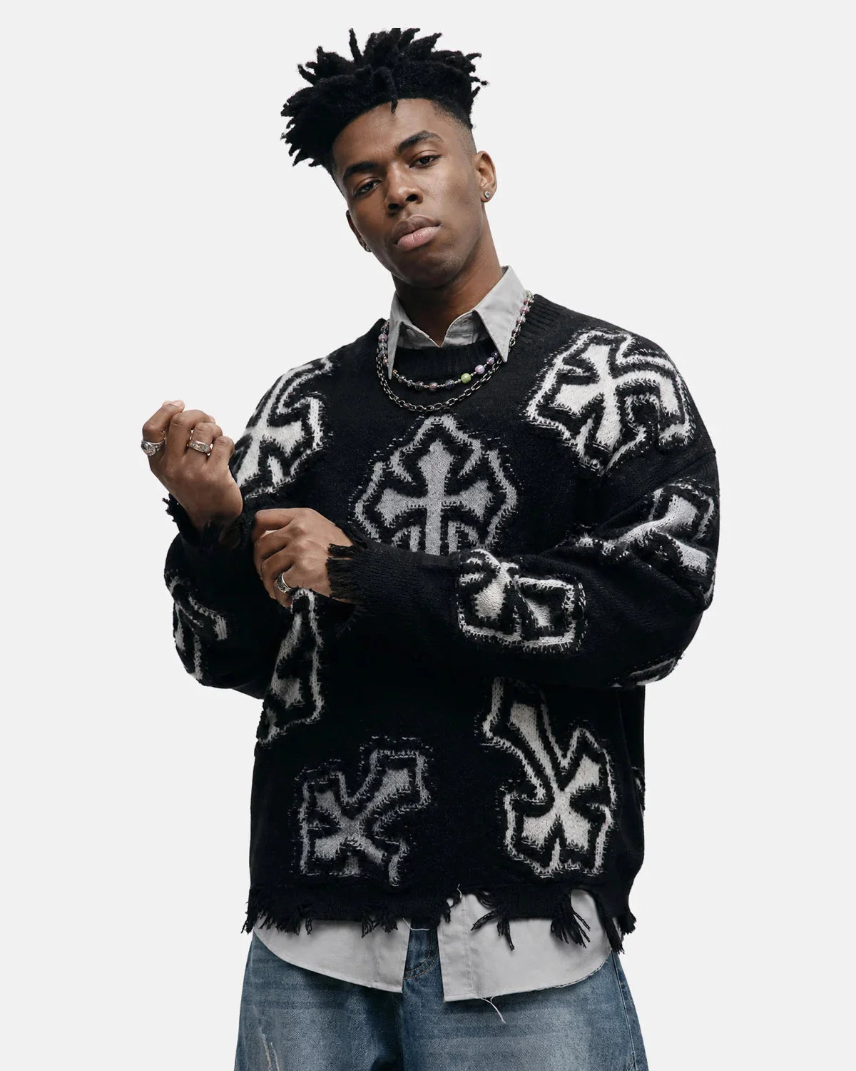 Omygoods Distressed Cross Graphic Knit Sweater