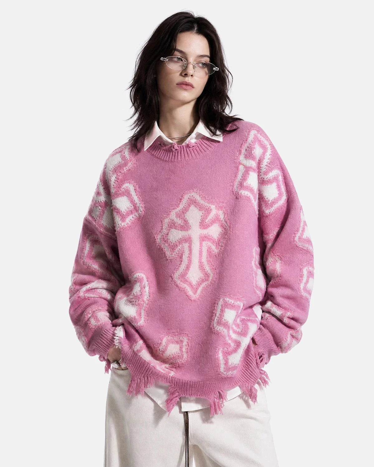 Omygoods Distressed Cross Graphic Knit Sweater