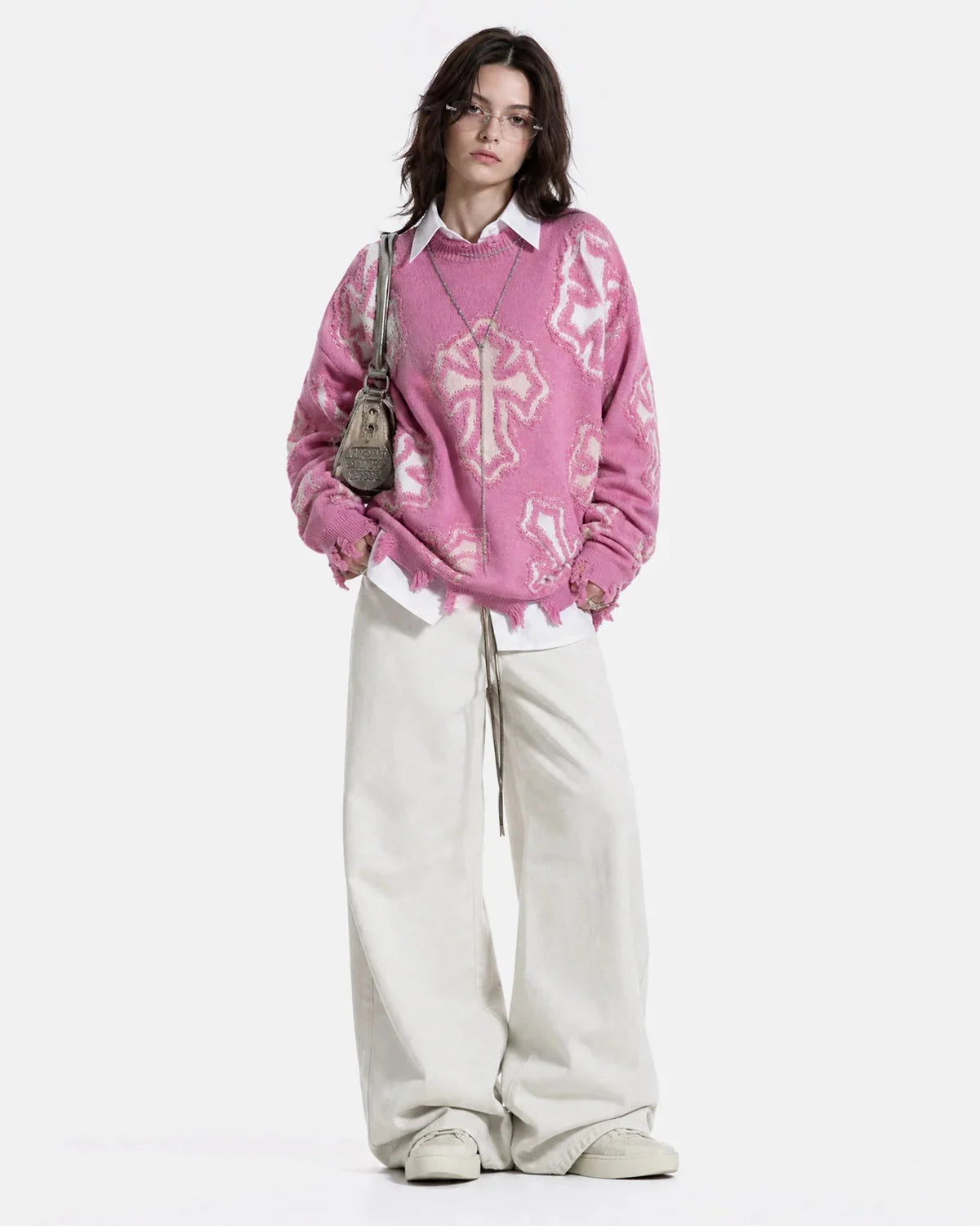 Omygoods Distressed Cross Graphic Knit Sweater