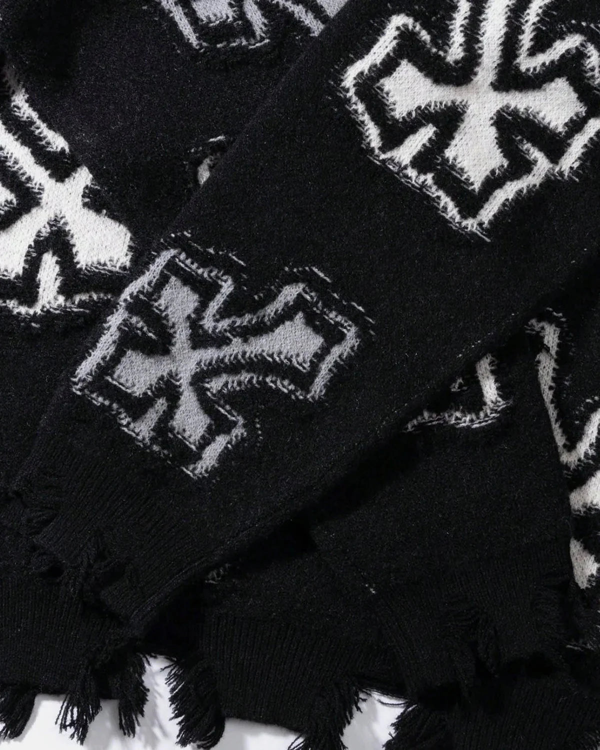 Omygoods Distressed Cross Graphic Knit Sweater