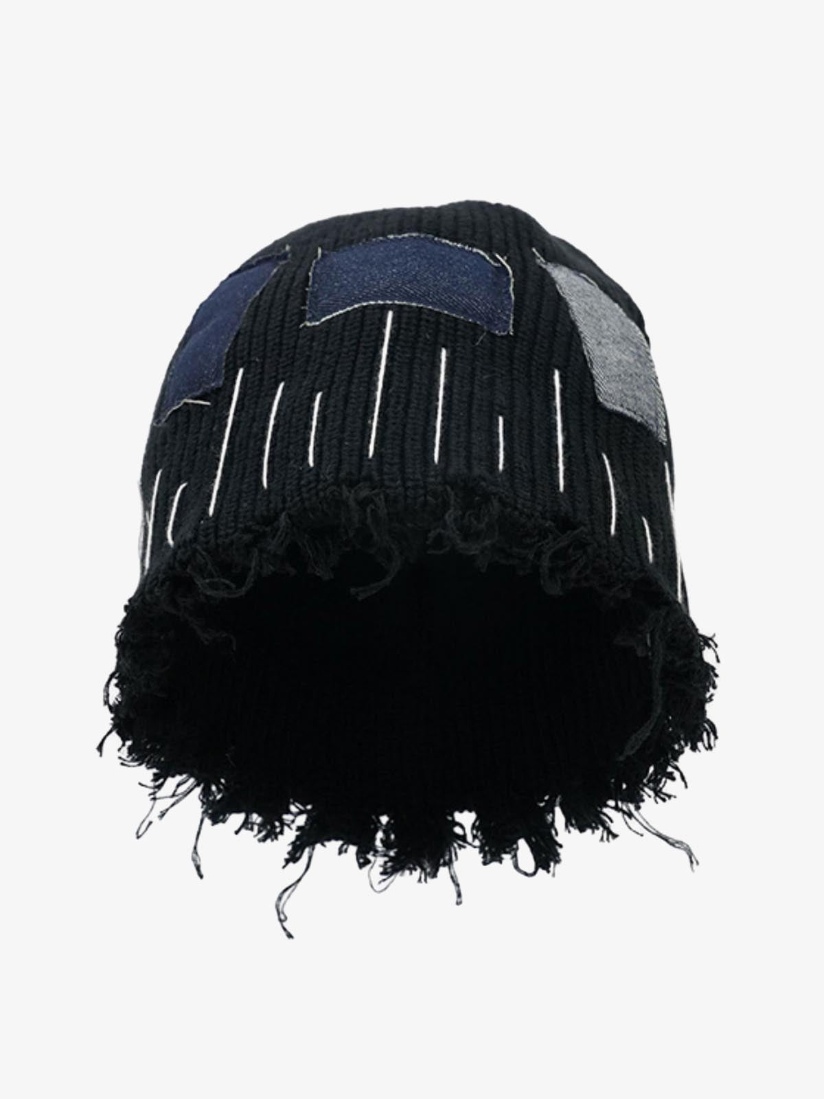 Omygoods Distressed Denim Patchwork Beanie