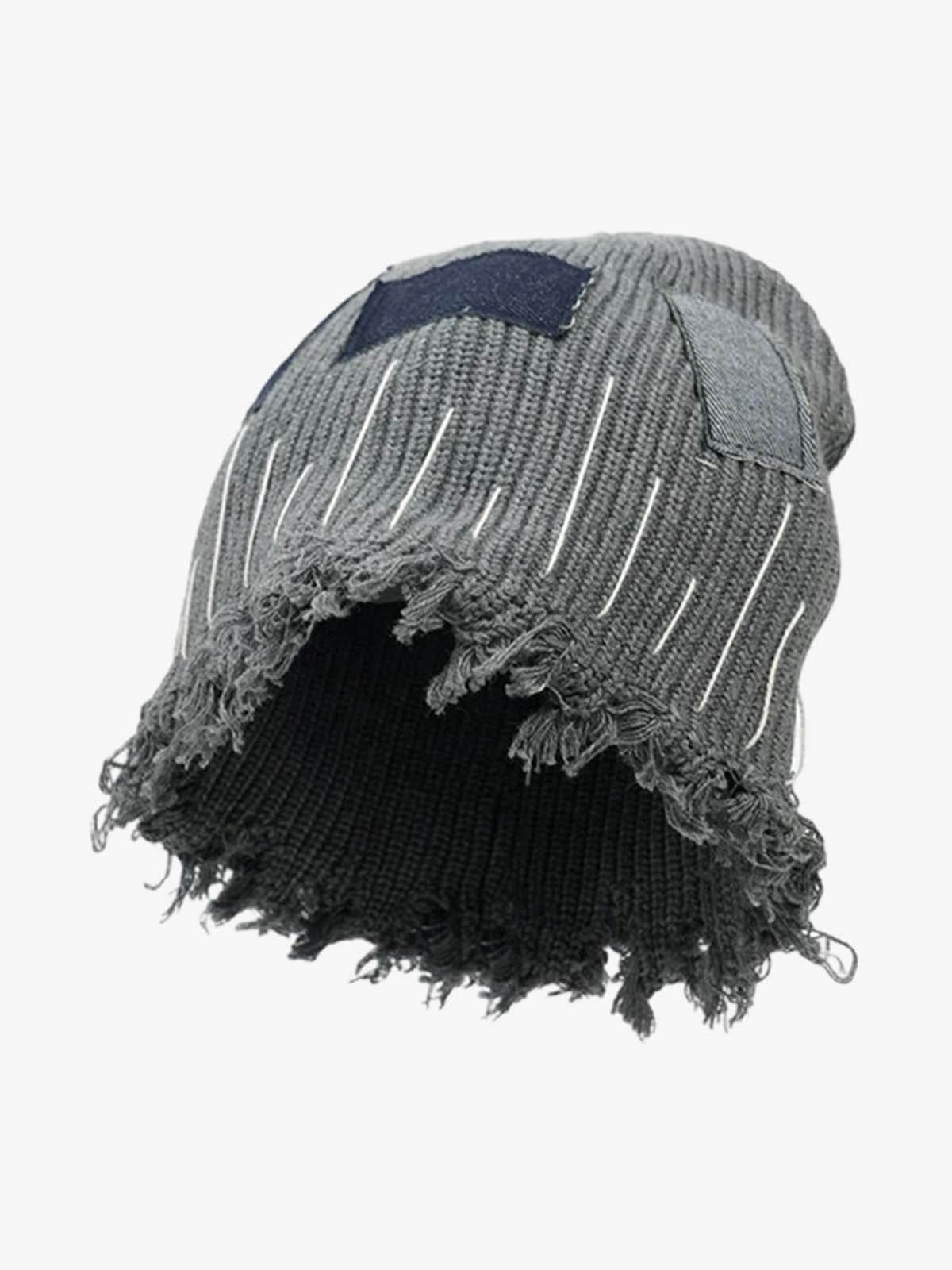 Omygoods Distressed Denim Patchwork Beanie