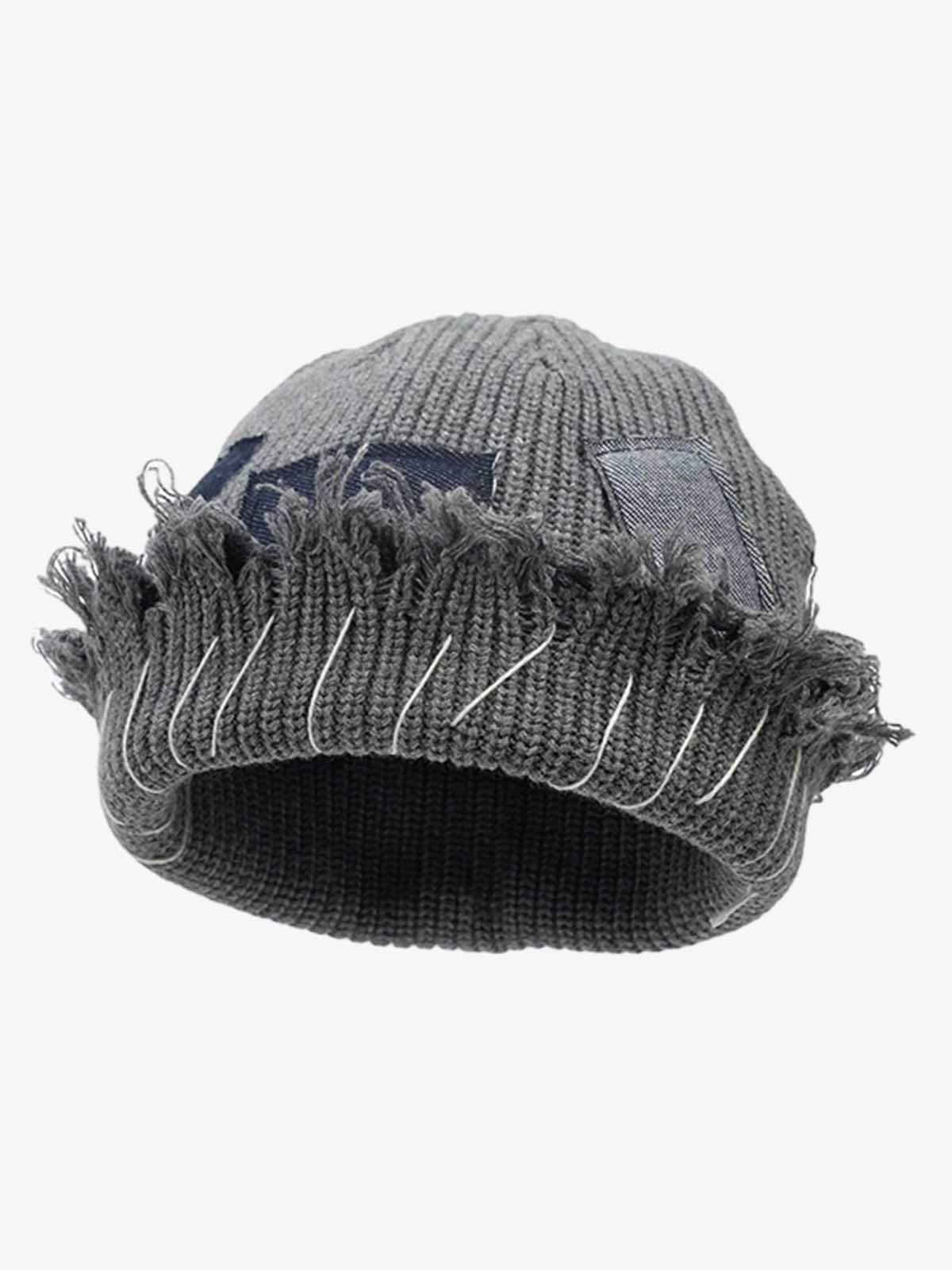 Omygoods Distressed Denim Patchwork Beanie