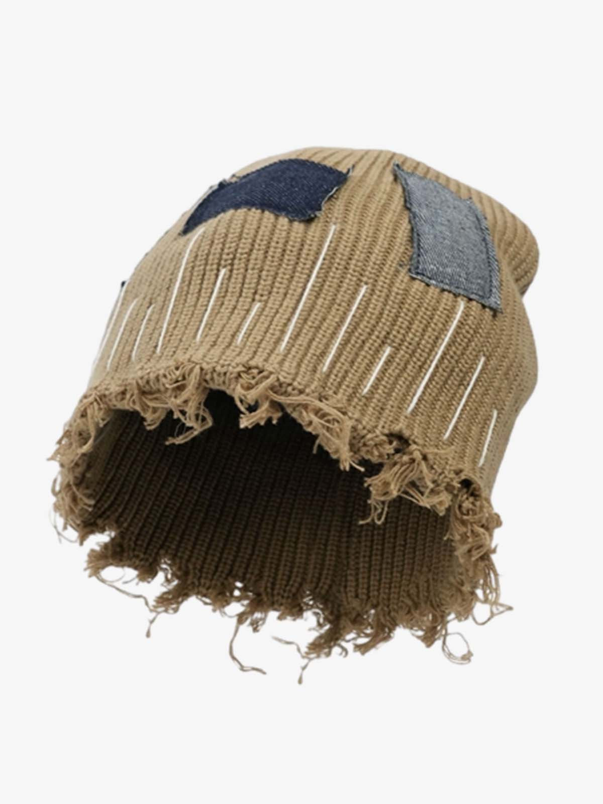 Omygoods Distressed Denim Patchwork Beanie