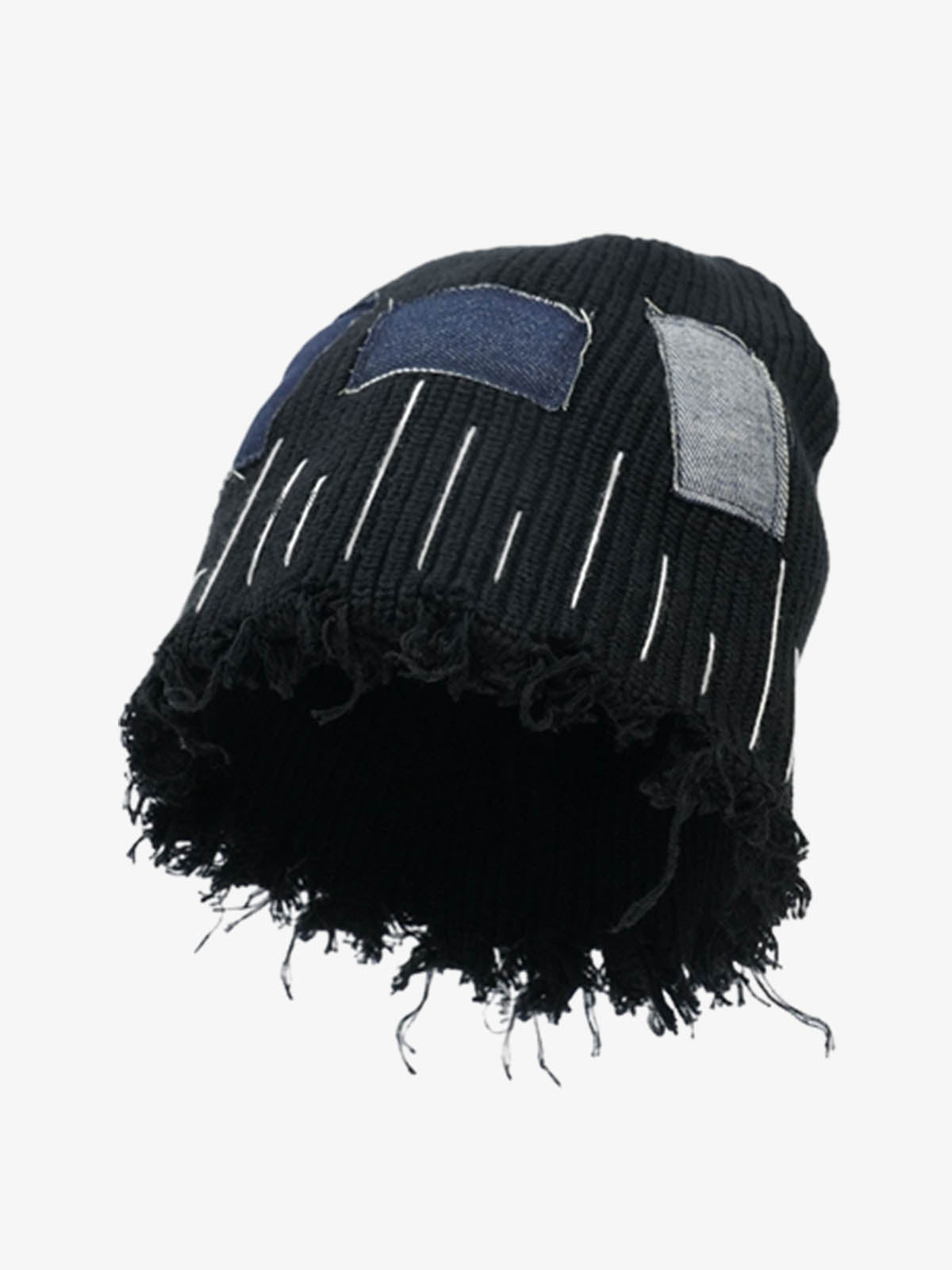 Omygoods Distressed Denim Patchwork Beanie