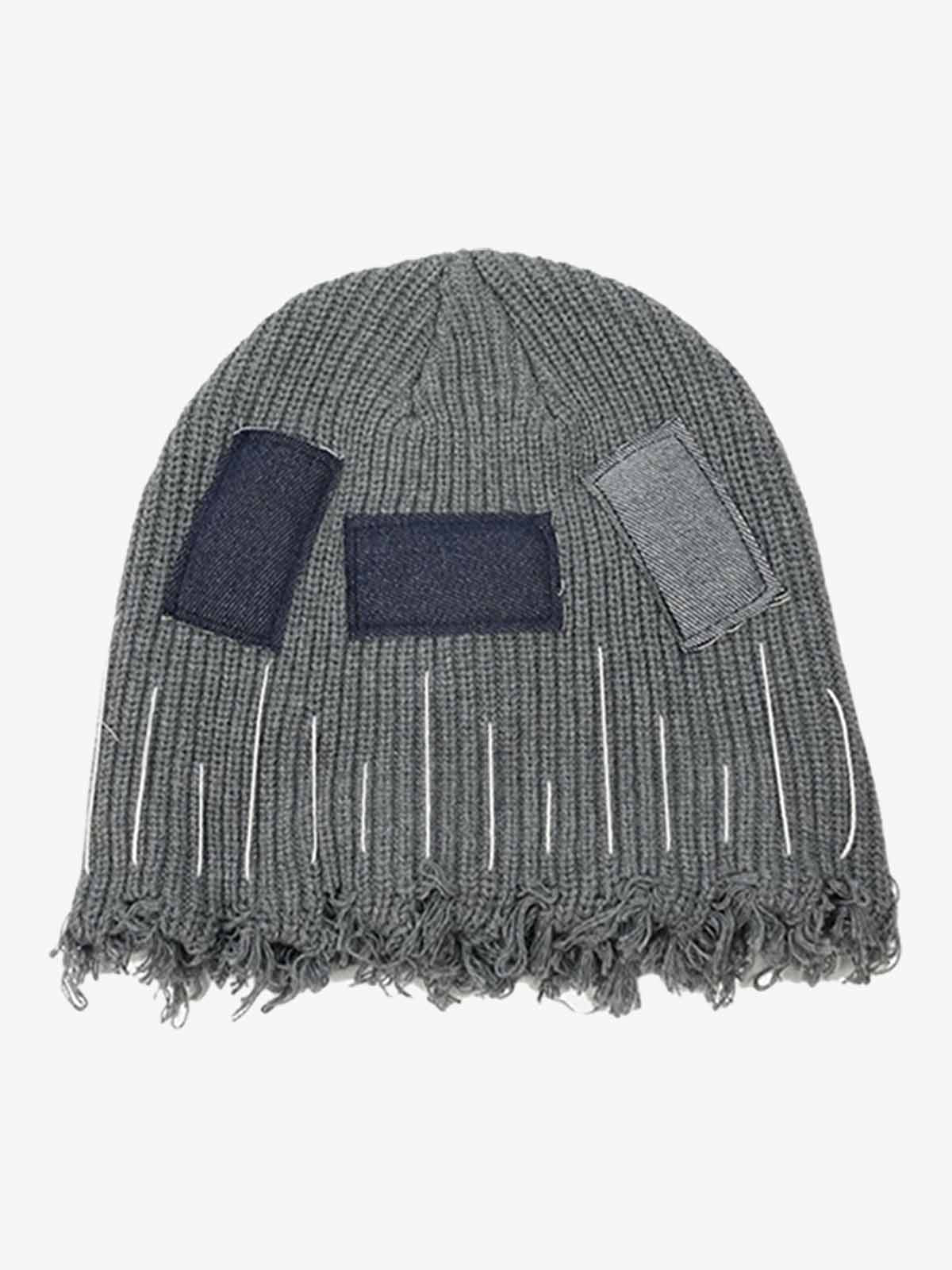 Omygoods Distressed Denim Patchwork Beanie