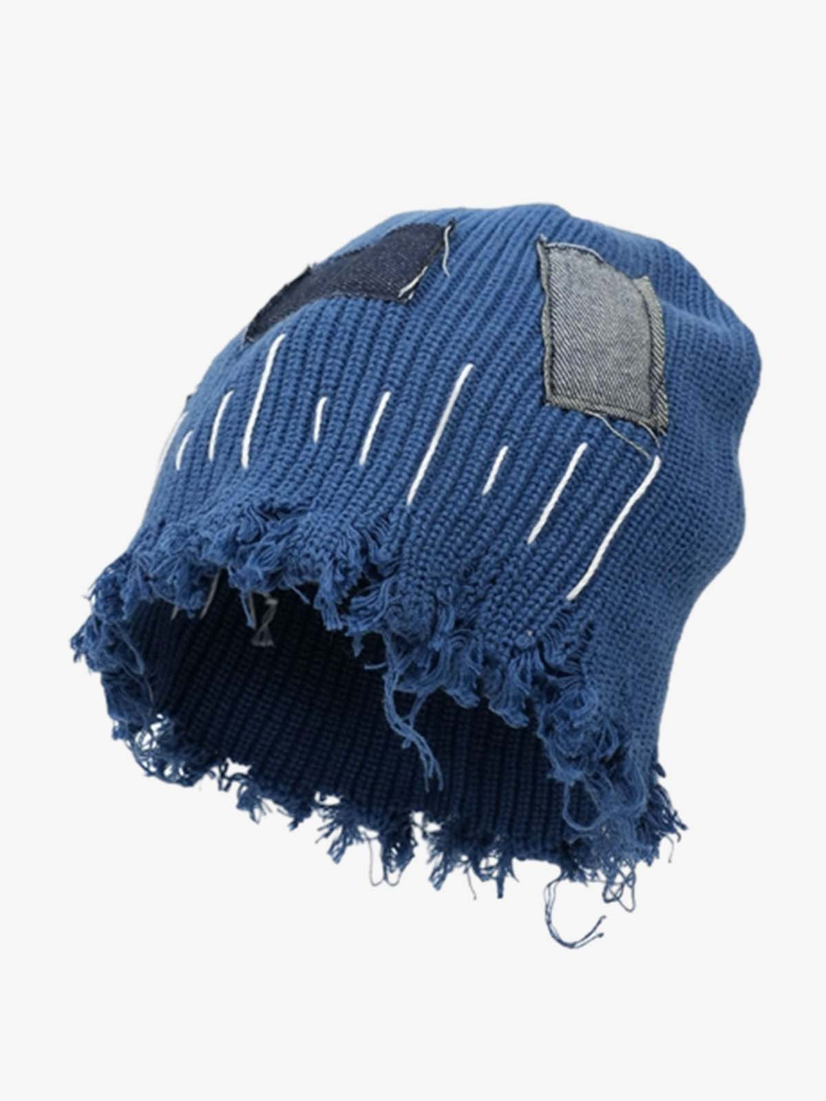 Omygoods Distressed Denim Patchwork Beanie