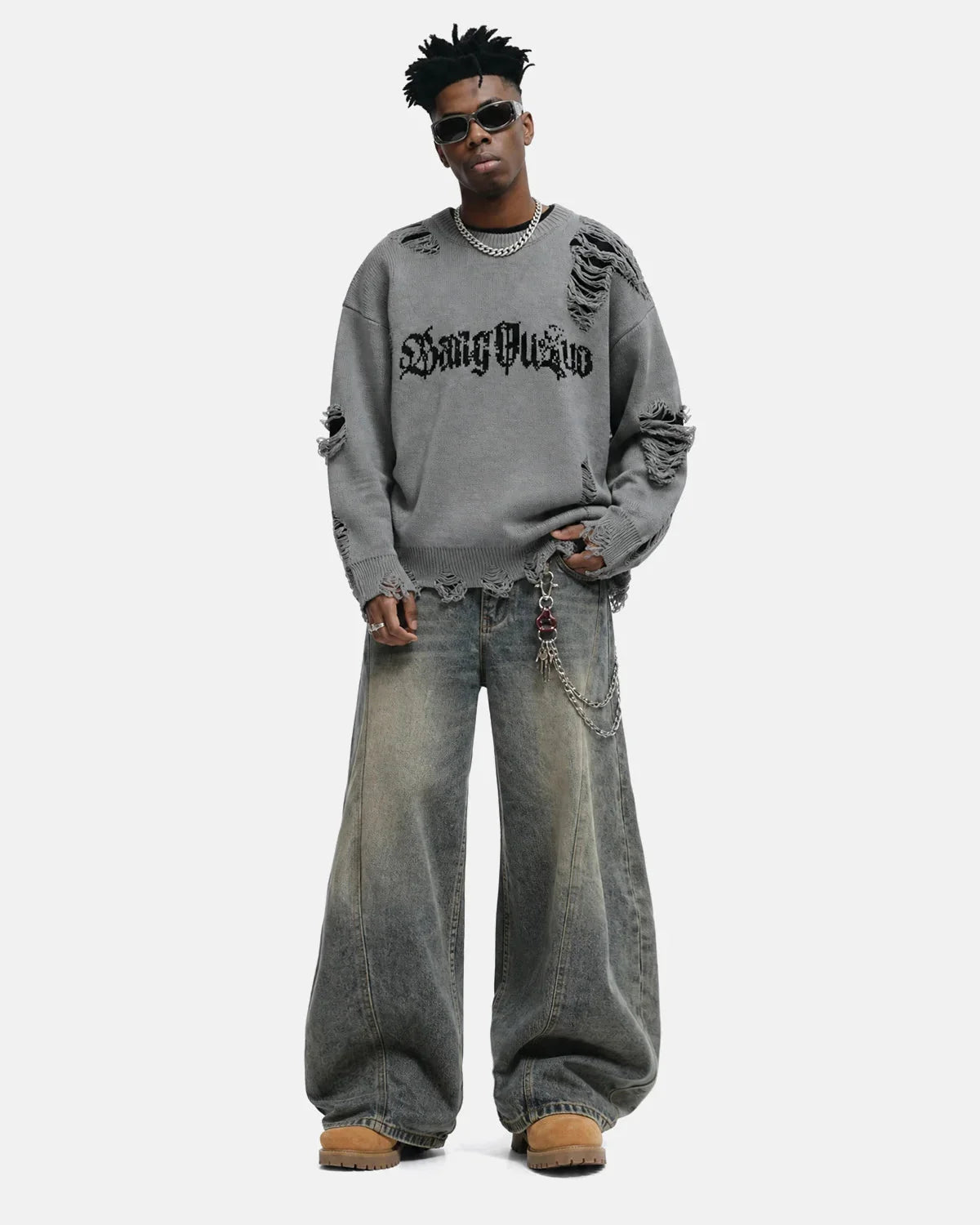 Omygoods Distressed Gothic Graphic Knit Sweater